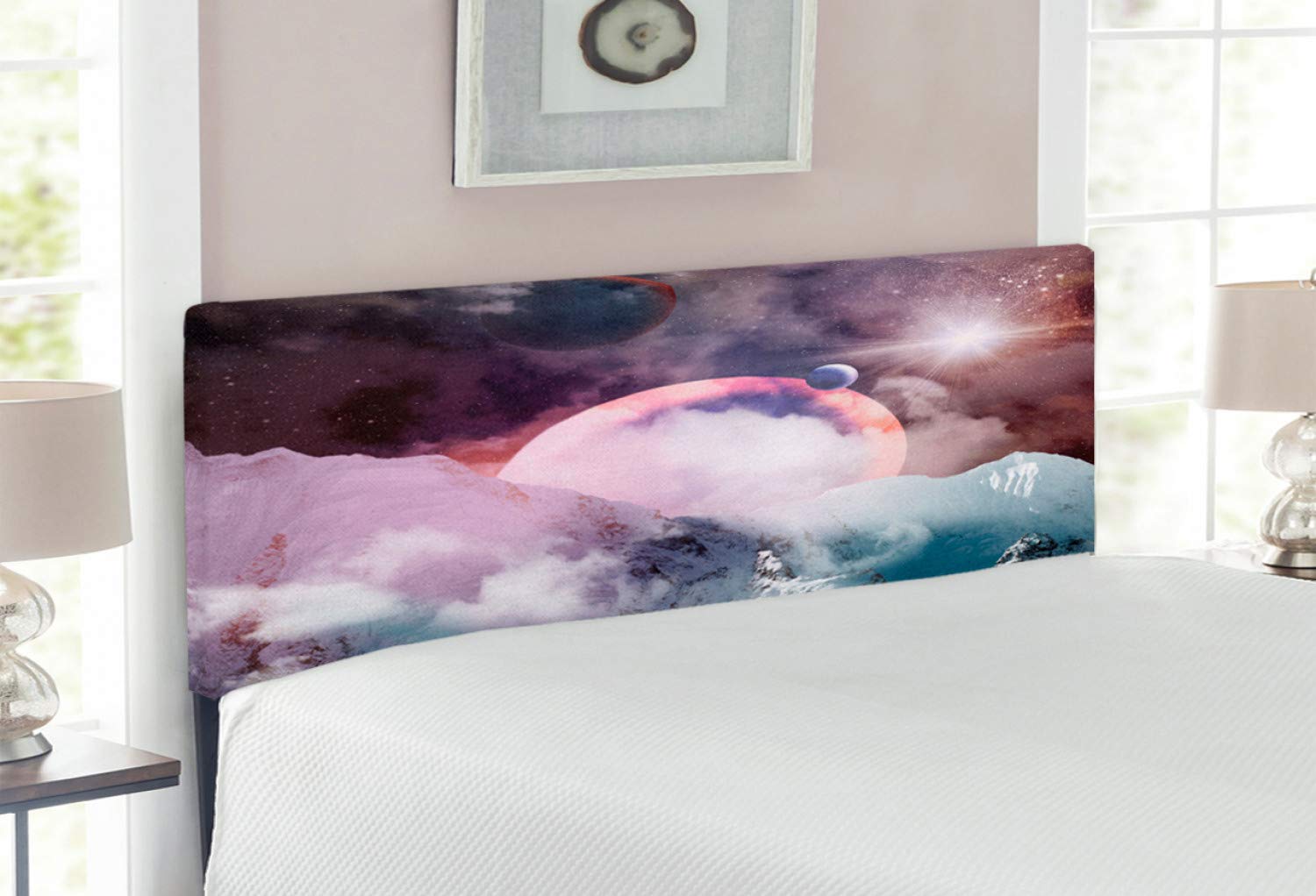 Ambesonne Outer Space Headboard - Galaxy Print with Planets & Stars, Full Size Upholstered Metal Bed Headboard with Memory Foam in Pale Pink | Space-Themed Bedroom Decor for Kids & Teens Room