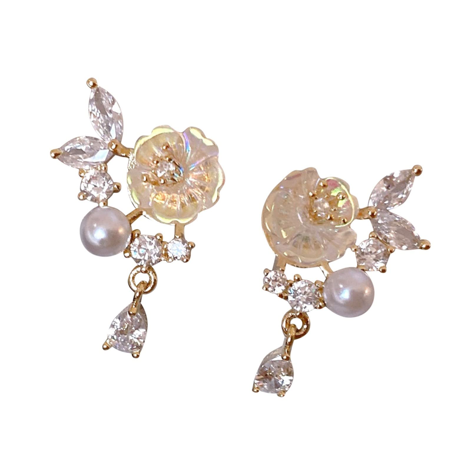 Pearl & Rhinestone Gold Artificial Flower Earrings for Women – Elegant Wedding Jewelry Accessories | Perfect for Bridal, Party & Special Occasions