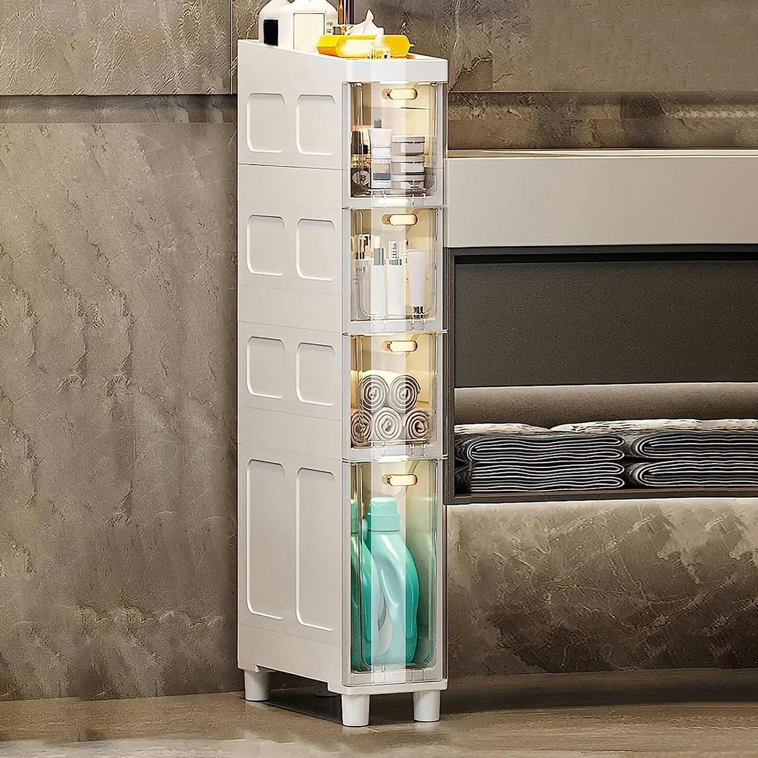 Stackable Narrow Tall Slim Storage Cabinet with Plastic Drawers & Casters - 3/4/5 Tier Floor Organizer for Bathroom, Kitchen, Office | Sturdy Toilet Paper & Household Item Storage Solution