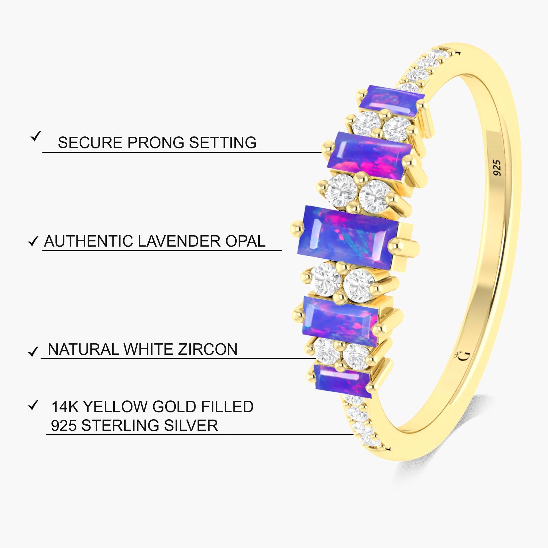 Lavender Baguette Fire Opal Ring - Dainty Gemstone Jewelry for Women, Elegant Stackable Band for Everyday Wear, Wedding, Anniversary & Gift Giving