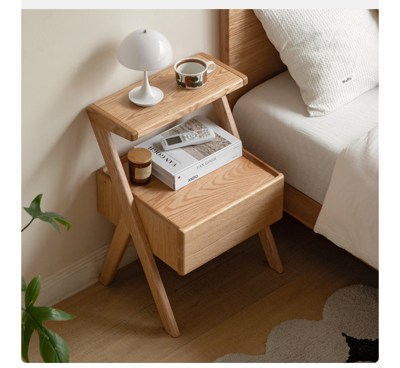 Solid Oak Wood Nightstand with Built-in LED Light - Modern Bedside Table for Bedroom, Living Room & Office