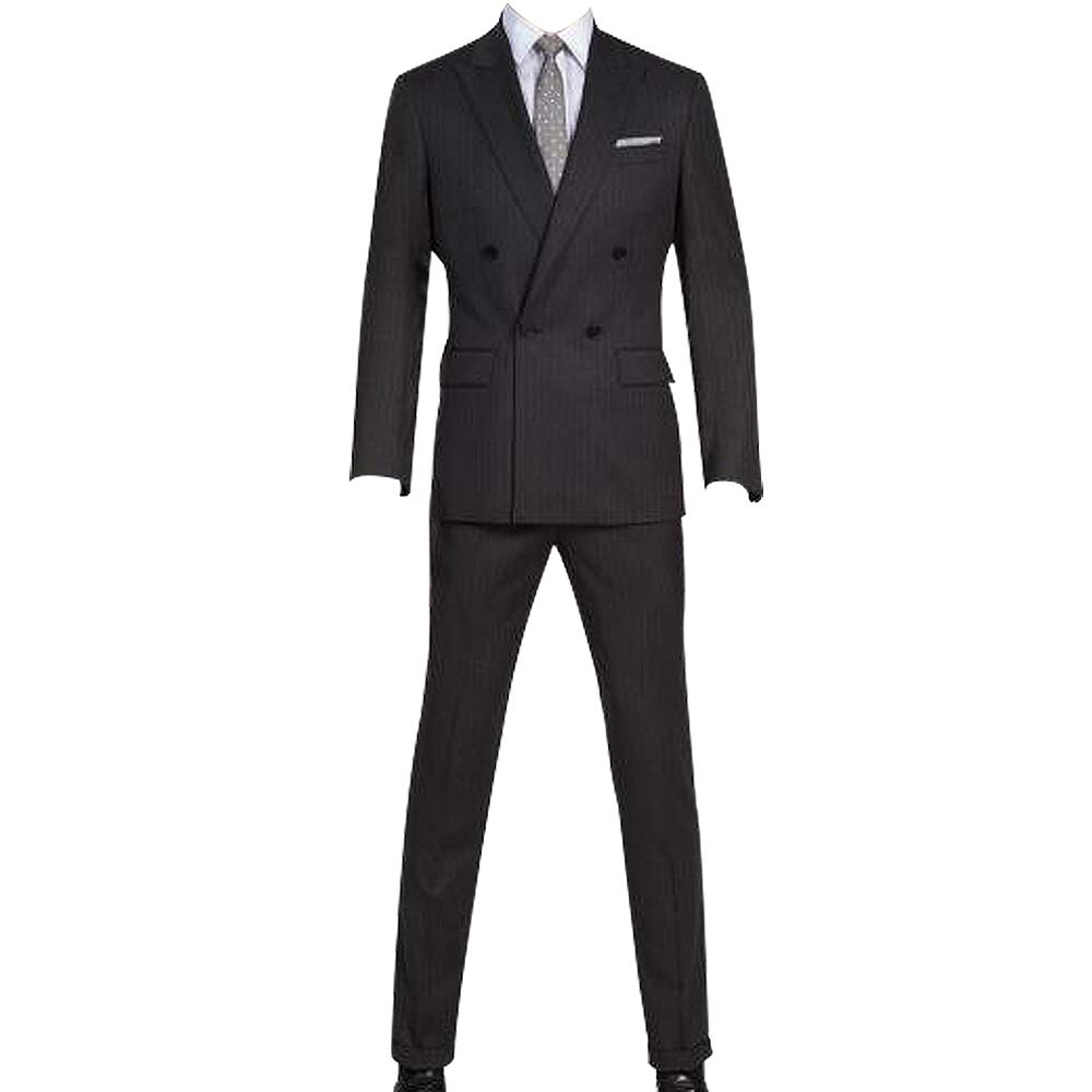 HBDesign Men's 2-Piece Slim Fit Double Breasted Suit Set - 4 Button Black Striped Business Suit for Office, Wedding & Formal Events