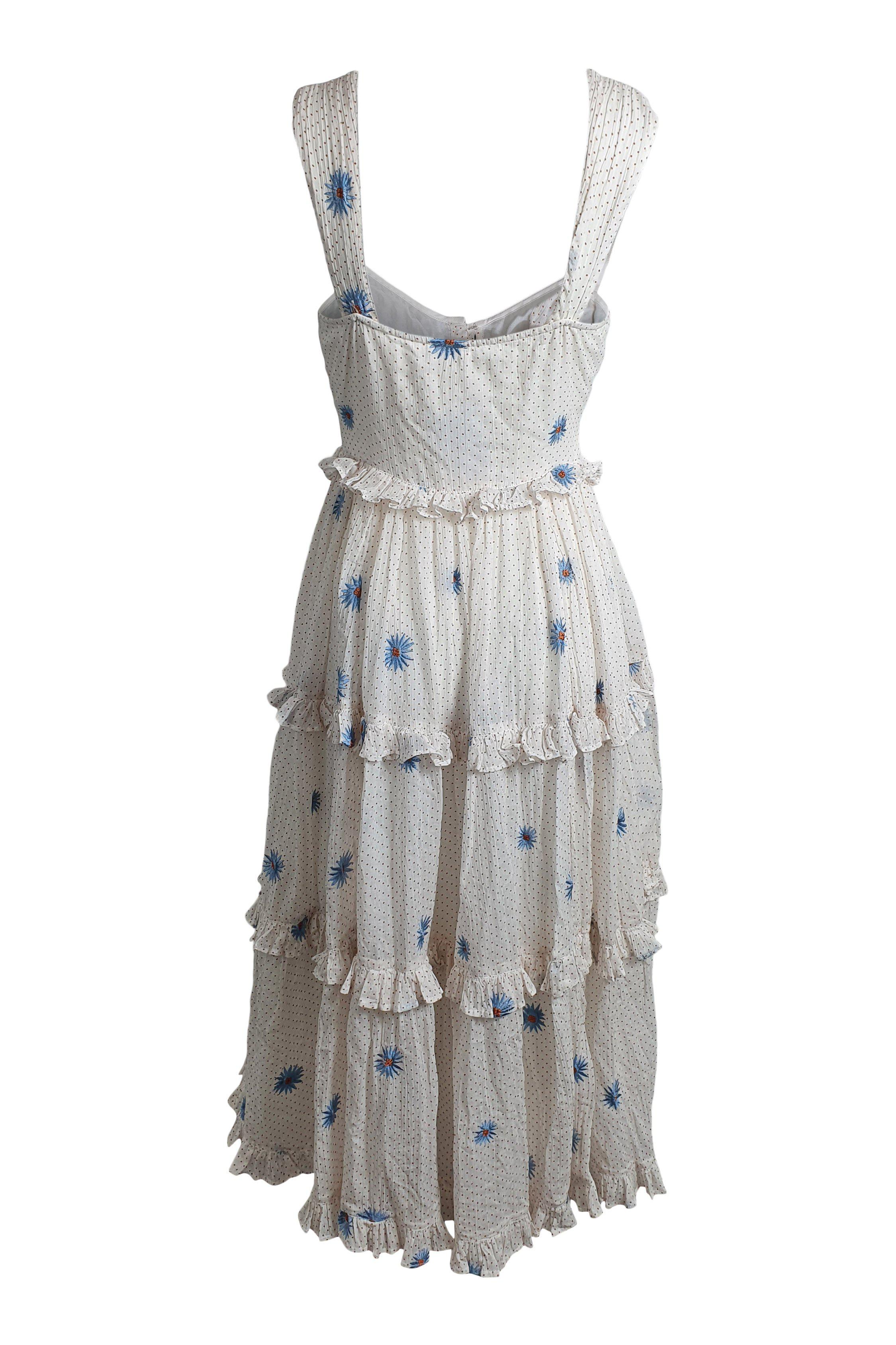 FREE PEOPLE White Polka Dot Floral Boho Daisy Chain Midi Dress for Women - XS Size, Perfect for Summer Beach Vacations, Music Festivals & Boho Chic Outfits