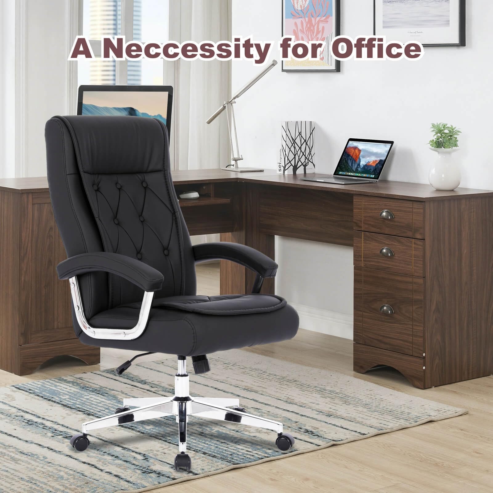 Premium Black Leather Executive Office Chair with Adjustable Height, High Back Ergonomic Design & Smooth-Swivel Wheels - 350LBS Weight Capacity - Ideal for Home Office, Conference Rooms & Professional Workspaces