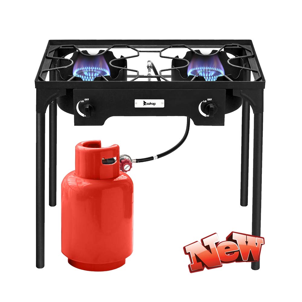 TYNAWYNW Upgraded Heavy-Duty Outdoor Camping Stove - Double Burner Propane Gas Cooker with Sturdy Metal Legs & Stand for Backpacking, Hiking, Picnics & RV Trips - High Pressure Portable Burner Ideal for Outdoor Cooking, BBQ & Emergency Preparedness