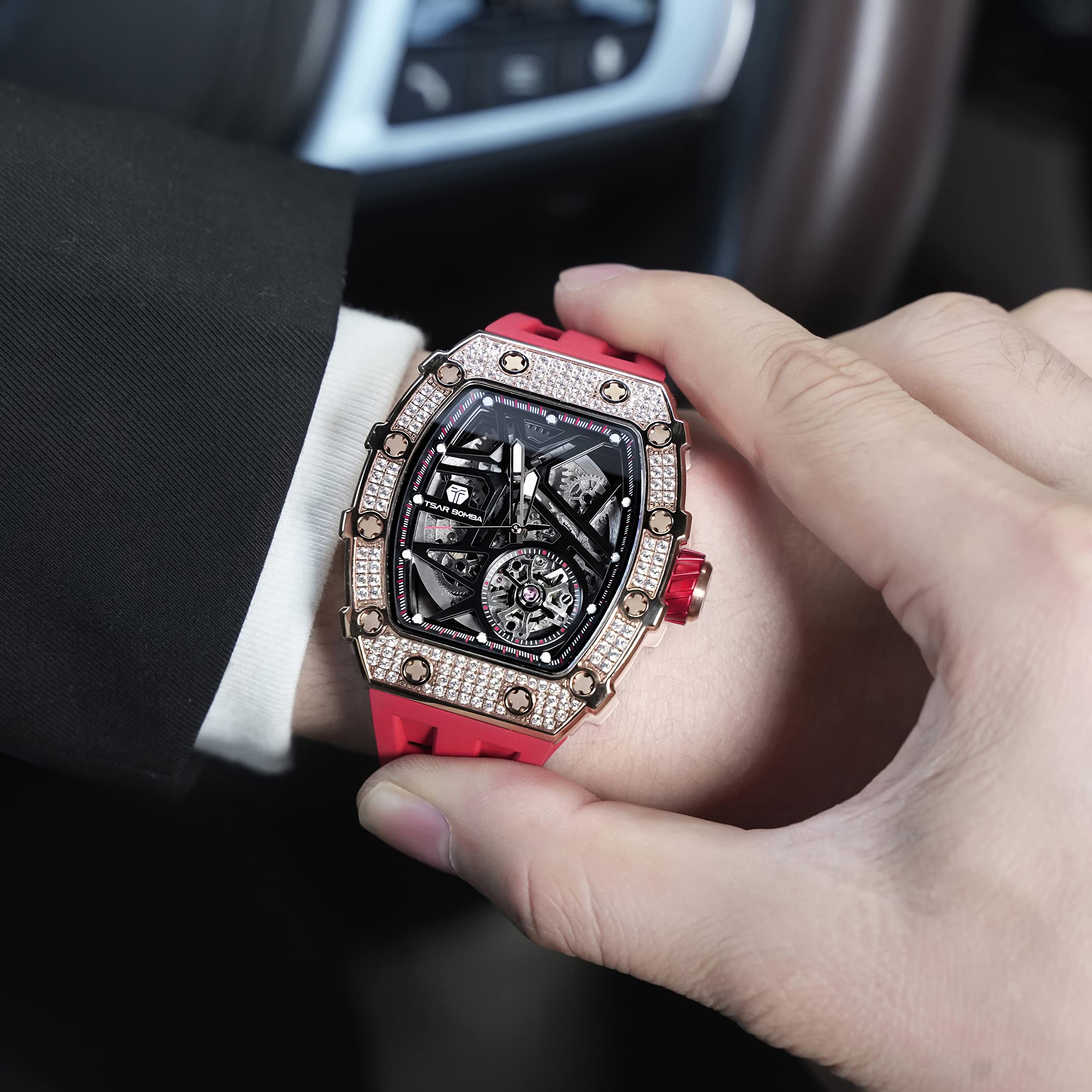 Premium Automatic Skeleton Watches for Men - 50M Waterproof Luxury Mechanical Tonneau Watch with Fluoroelastomer Band (Red) - Ideal for Business Casual, Formal Events & Daily Wear - Perfect Gift for Men