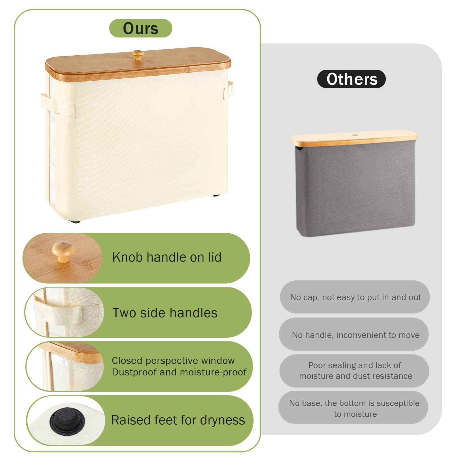 Bamboo Collapsible Toilet Paper Holder with Lid & Handle - Bathroom Storage Basket for Extra Toilet Rolls, Non-Slip Bottom, Beige - Perfect for Small Bathrooms, RVs & Space-Saving Organization