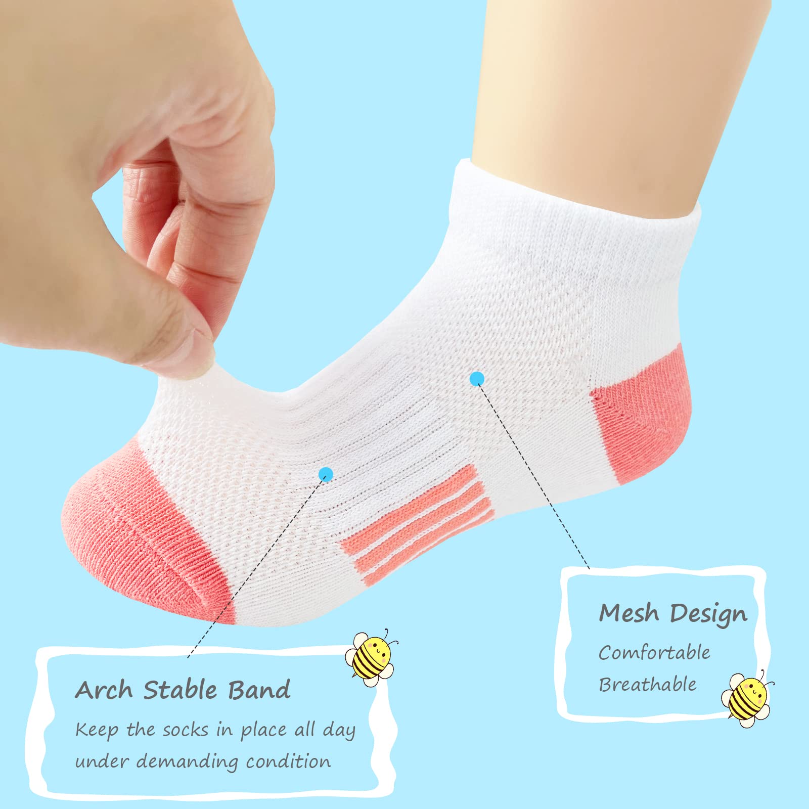 Bemeol 12 Pairs Girls Ankle Athletic Socks - Cotton Sports Socks for Kids & Teens - Perfect for School, Running, Soccer & Daily Wear