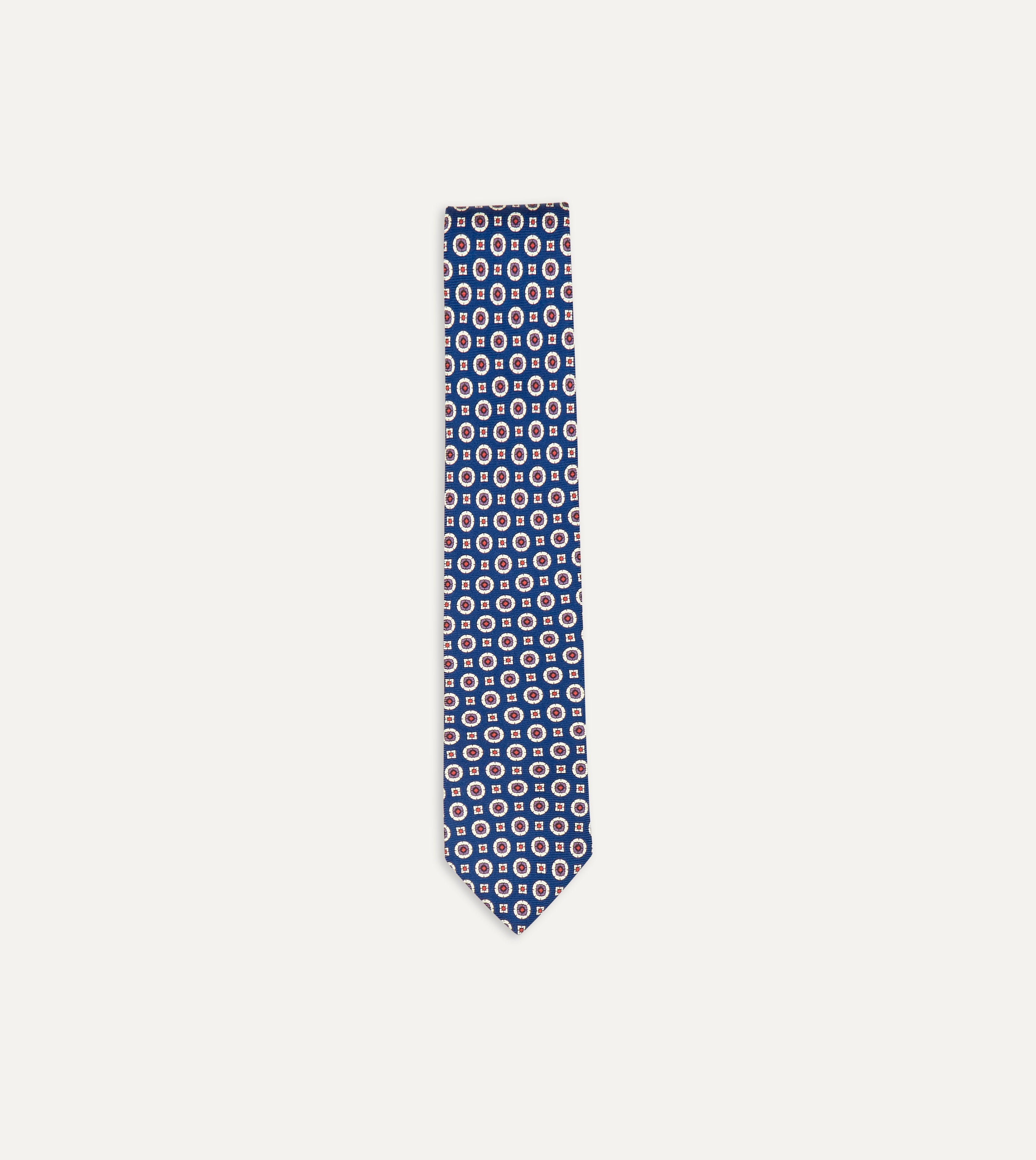 Blue and Red Geometric Medallion Print Silk Foulard Tie for Men - Elegant Designer Necktie for Business, Weddings & Formal Occasions