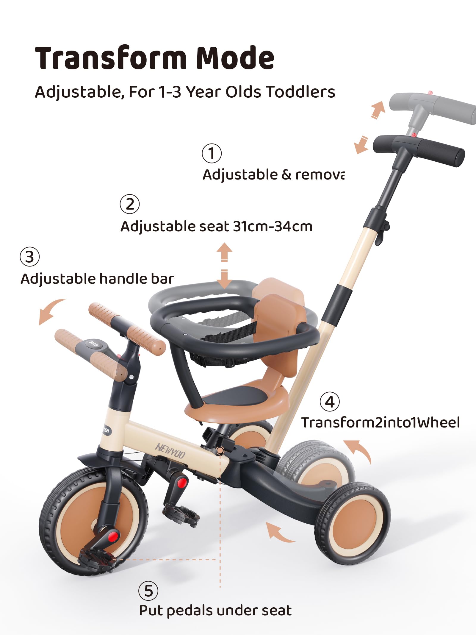 Newyoo TR008 5-in-1 Toddler Tricycle with Push Handle - Convertible Kids Trike for 1-3 Year Old Boys & Girls | Safe Push Bar, Balance Bike Conversion | Perfect Birthday Gift & Outdoor Play Toy (Cream) - Ideal for Park Rides, Backyard Fun & Learning to Ride