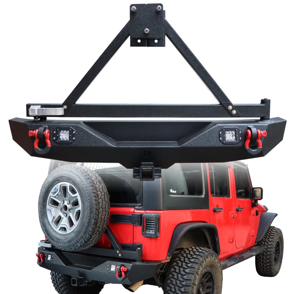Black Textured Rear Bumper with Spare Tire Rack, 2x 24W LED Lights & 2x 4.75T D-Rings for 2007-2017 Jeep Wrangler JK/JKU - Off-Road Protection & Adventure Ready