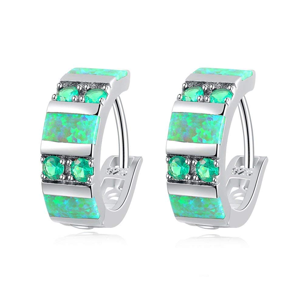 CiNily 14K White Gold Plated Opal Hoop Earrings for Women & Girls - Hypoallergenic Small Huggie Earrings with Gemstone - Perfect for Everyday Wear, Parties & Gifts