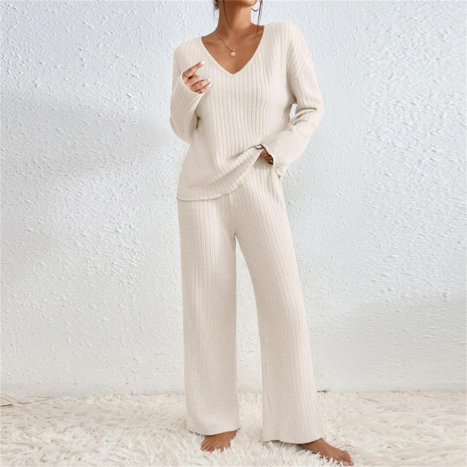 Women's 2-Piece Ribbed Knit Lounge Set - Long Sleeve Top & Pants Pajama Set | Soft Casual Sleepwear for Fall & Winter | Perfect for Home Relaxation, Lounging & Sleepovers