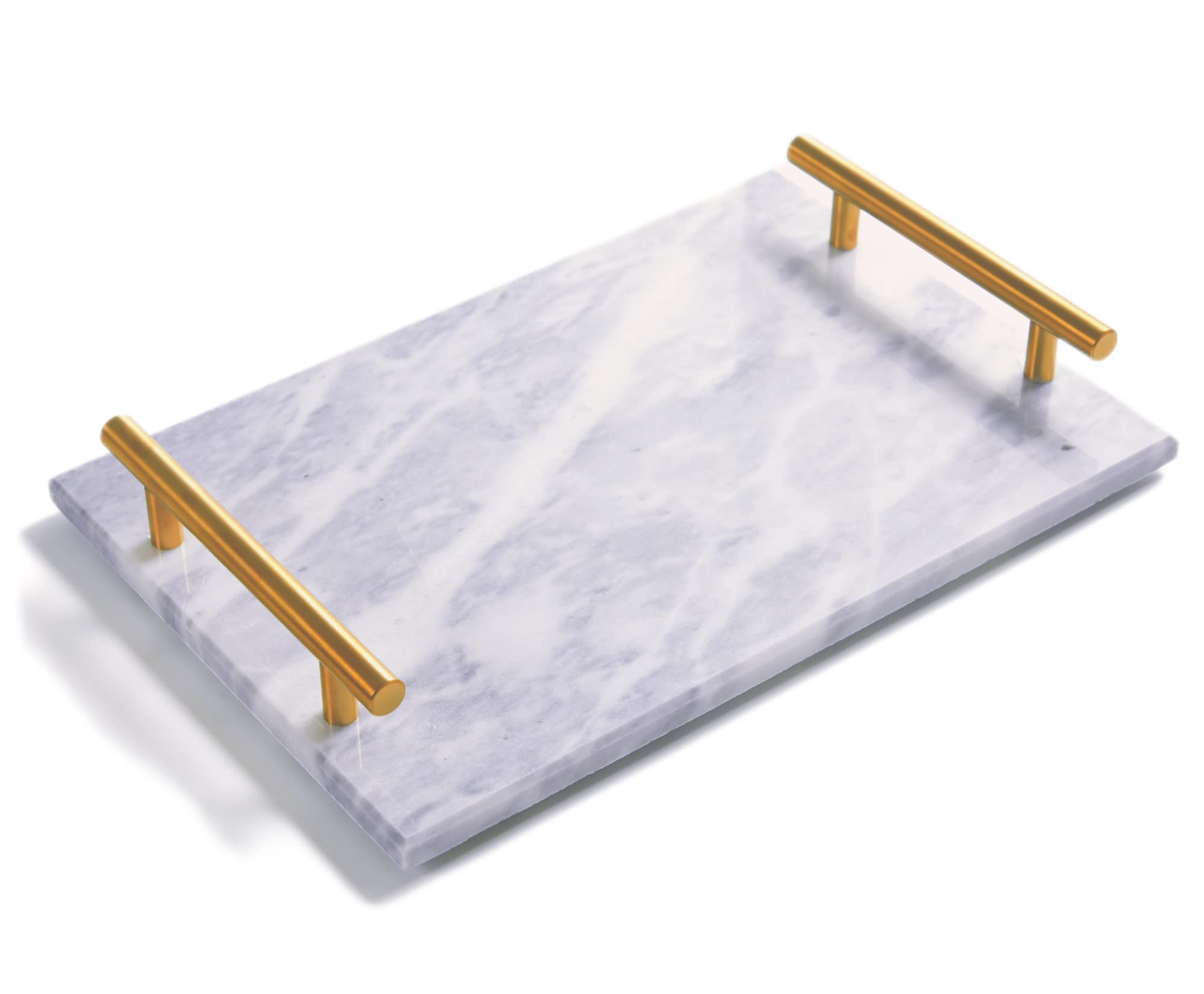 Natural Grey Marble Tray with Gold Metal Handle - 11.8 x 7.9 Inch Decorative Stone Serving Tray for Bathroom, Kitchen, Vanity, Dresser & Nightstand - Perfect for Organizing Jewelry, Cosmetics & Home Decor