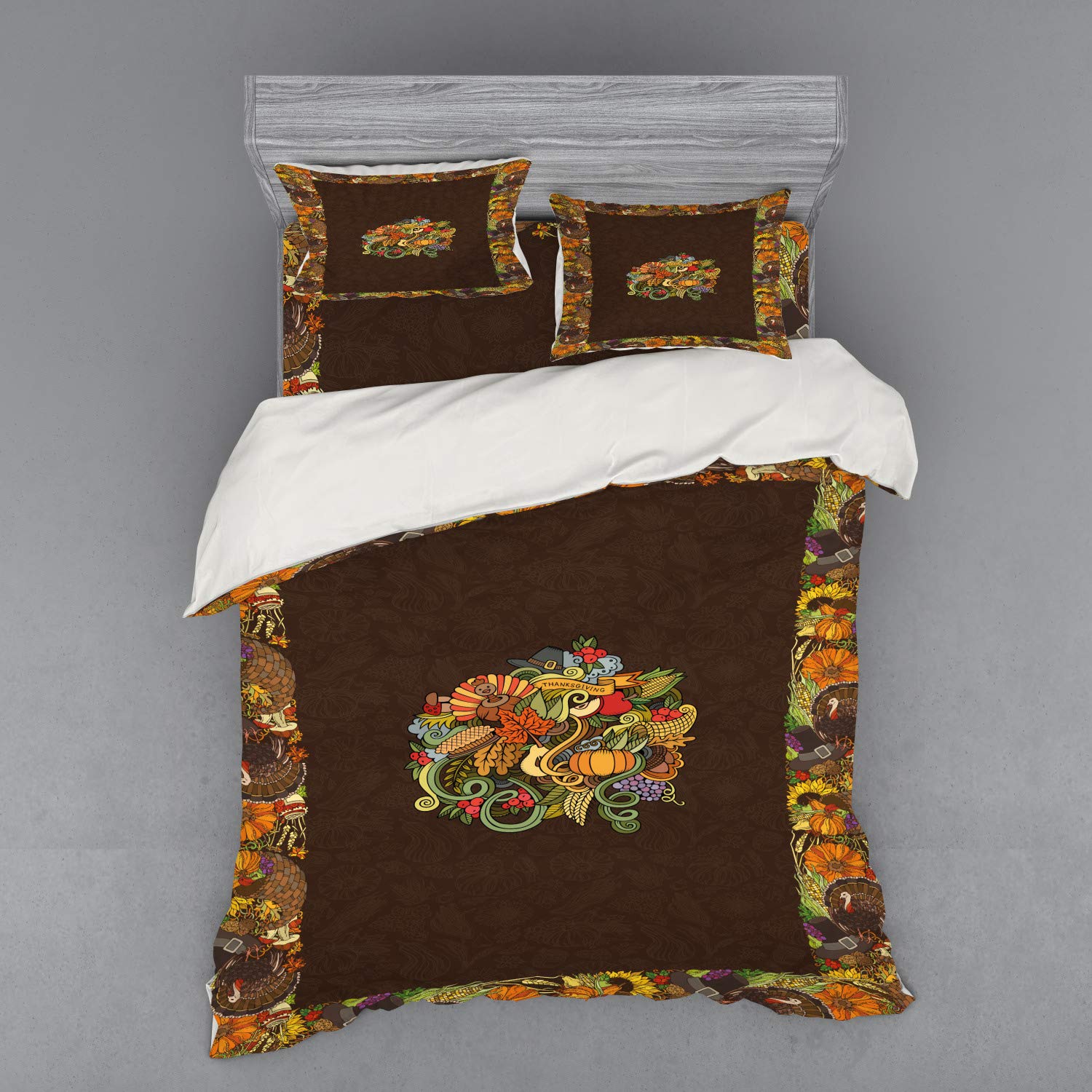 Ambesonne Thanksgiving Duvet Cover Set - 4 Piece Queen Size Bedding with Shams & Fitted Sheet | Fall Harvest Theme Featuring Wreath, Turkey, Pumpkin, Sunflower & Grape Design | Perfect for Autumn Decor, Holiday Guest Rooms & Cozy Seasonal Bedrooms