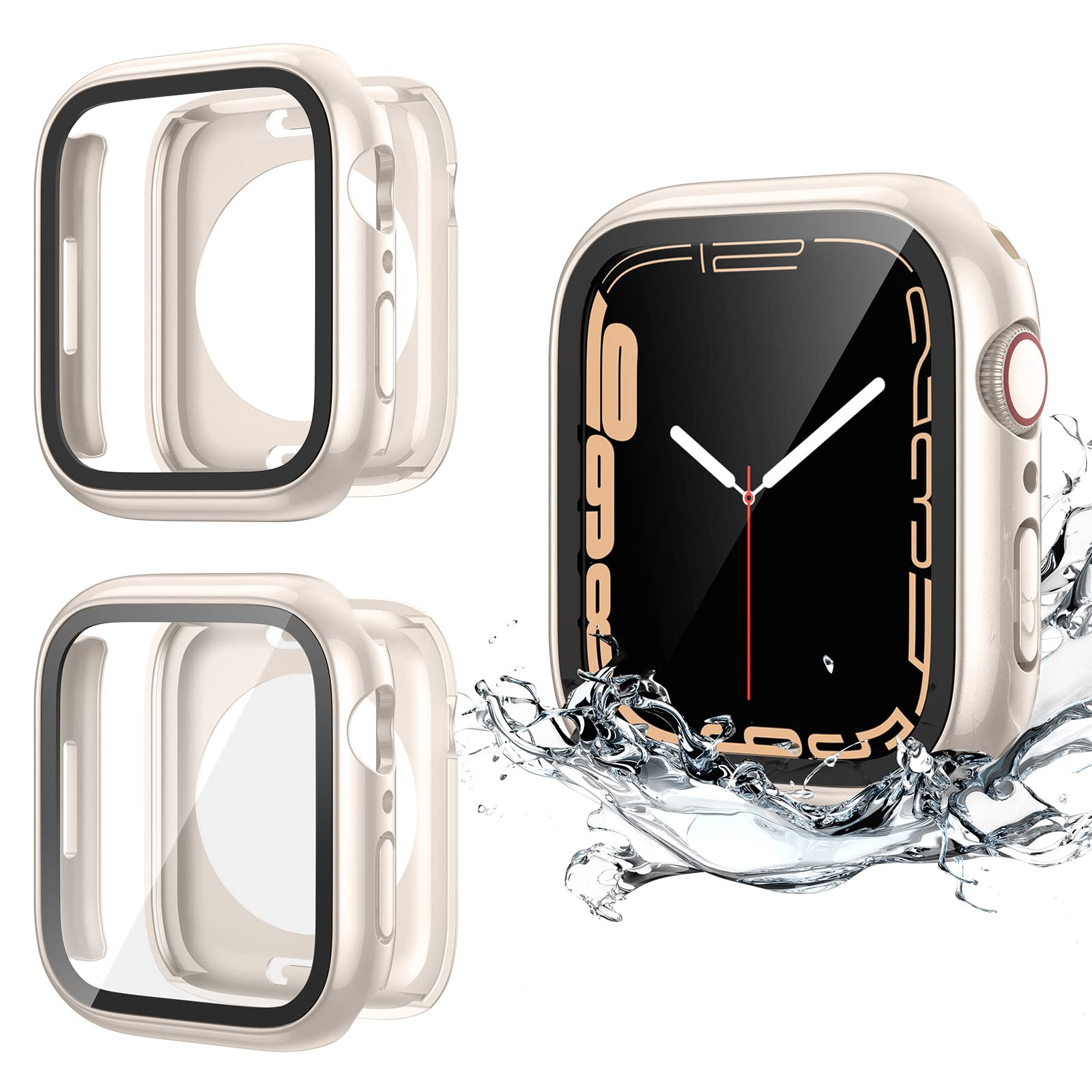 2 Pack Waterproof Case for Apple Watch Series 9/8/7 (41mm) - Tempered Glass Screen Protector with 360° Protective PC Cover & Front/Back Bumper - Perfect for Swimming, Sports & Outdoor Activities (Starlight)