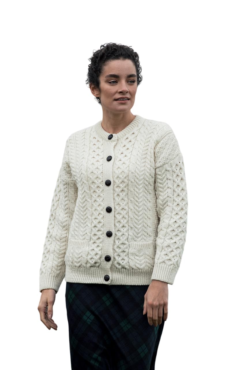 Achill Women's Irish Cable Knit Aran Cardigan - 100% Merino Wool Sweater, Handmade in Ireland - Cozy Winter Wear for Office, Travel & Casual Outfits