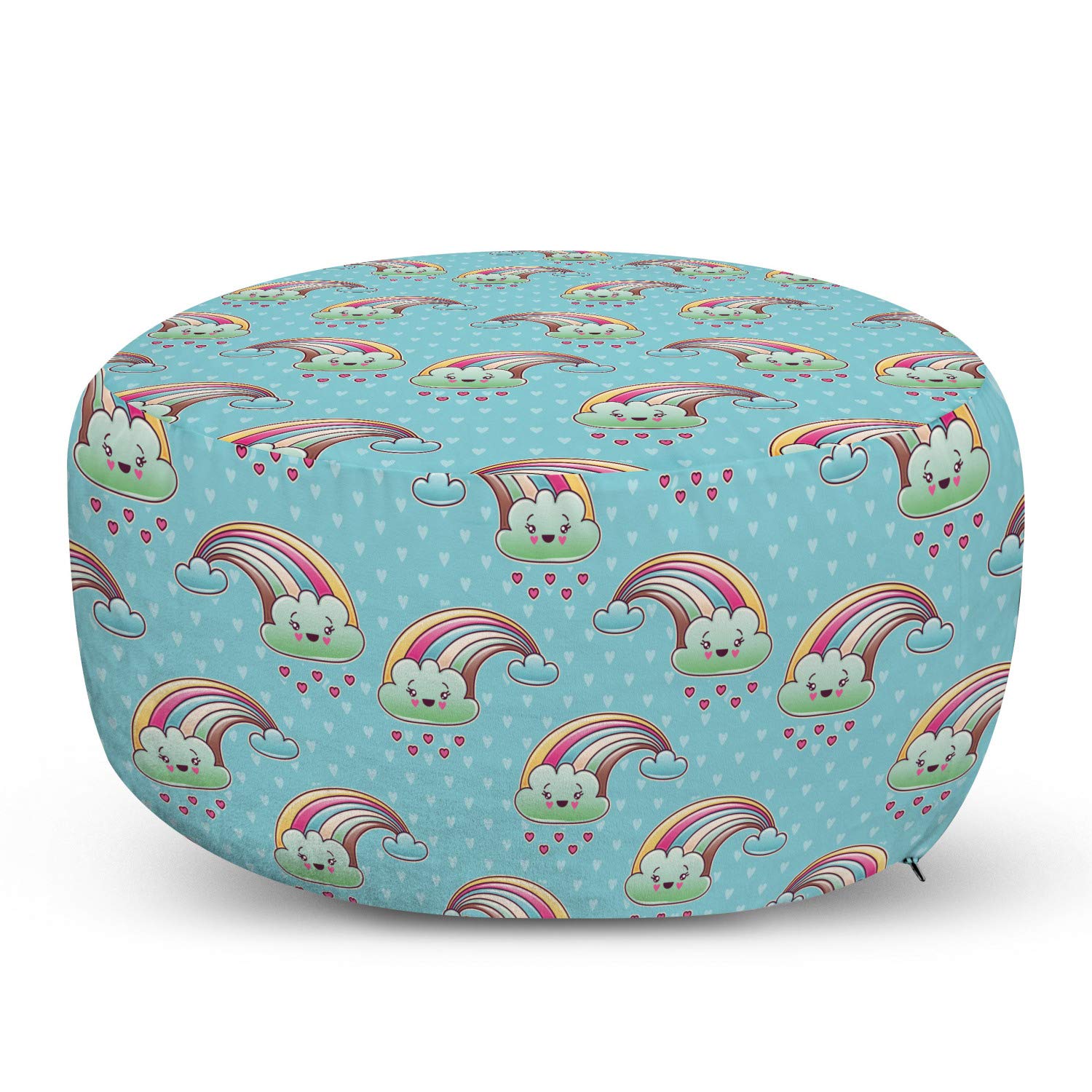Ambesonne Anime Ottoman Pouf - Cartoon Rainbow Clouds with Smiling Faces on Pale Blue Background, Decorative Foot Rest with Removable Cover - Living Room & Bedroom Accent Furniture for Relaxing, Gaming, or Reading Nook