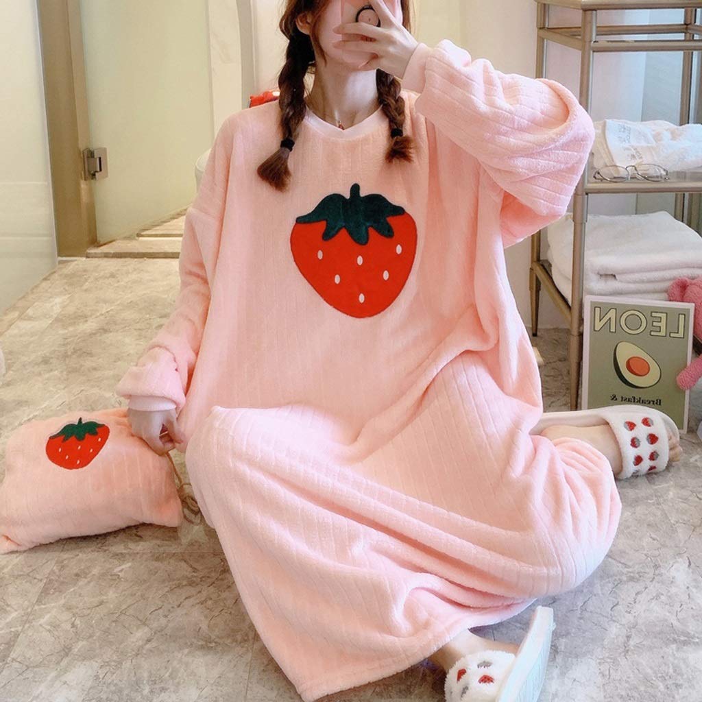Korean Winter Flannel Nightgown for Women - Thick Warm Coral Velvet Sleepwear Long Sleeve Loose Night Dress (Medium, Color A) - Cozy Loungewear for Cold Nights & Winter Sleepwear