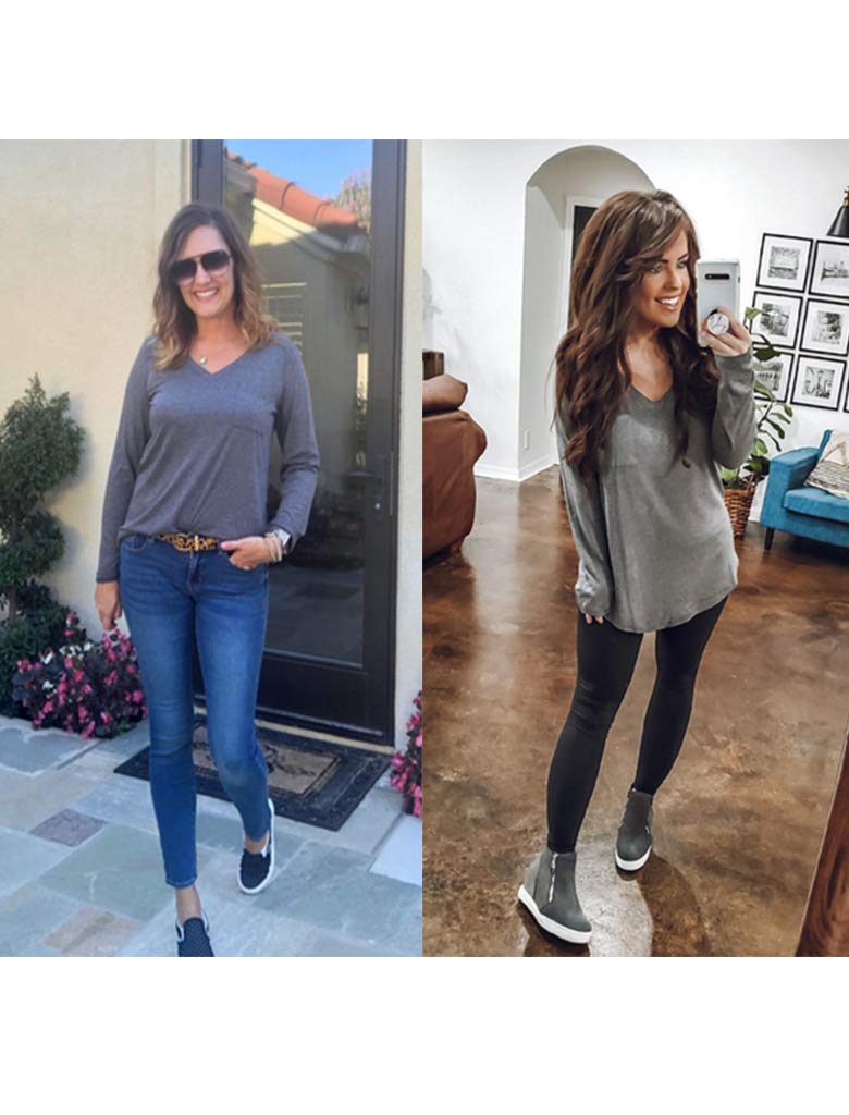 Tobrief Women's Long Sleeve V-Neck T-Shirt with Pocket - Loose Fit Casual Top for Everyday Wear, Work & Outings