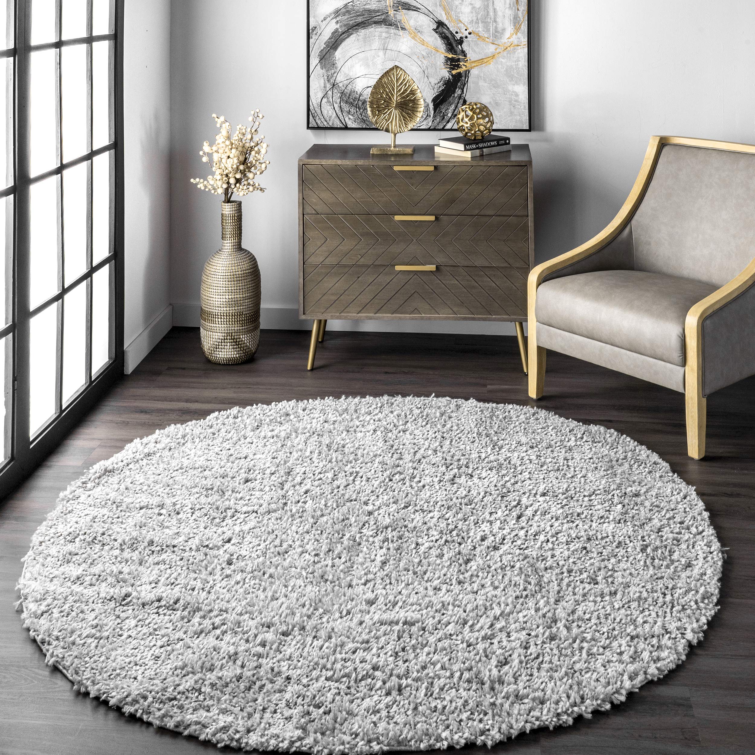 nuLOOM Kara Solid Shag Area Rug - 8' Round Plush Shag Rug in Casual Grey/Ivory for Living Room, Bedroom, Dining Room & Nursery | Soft Floor Covering for Cozy Home Decor