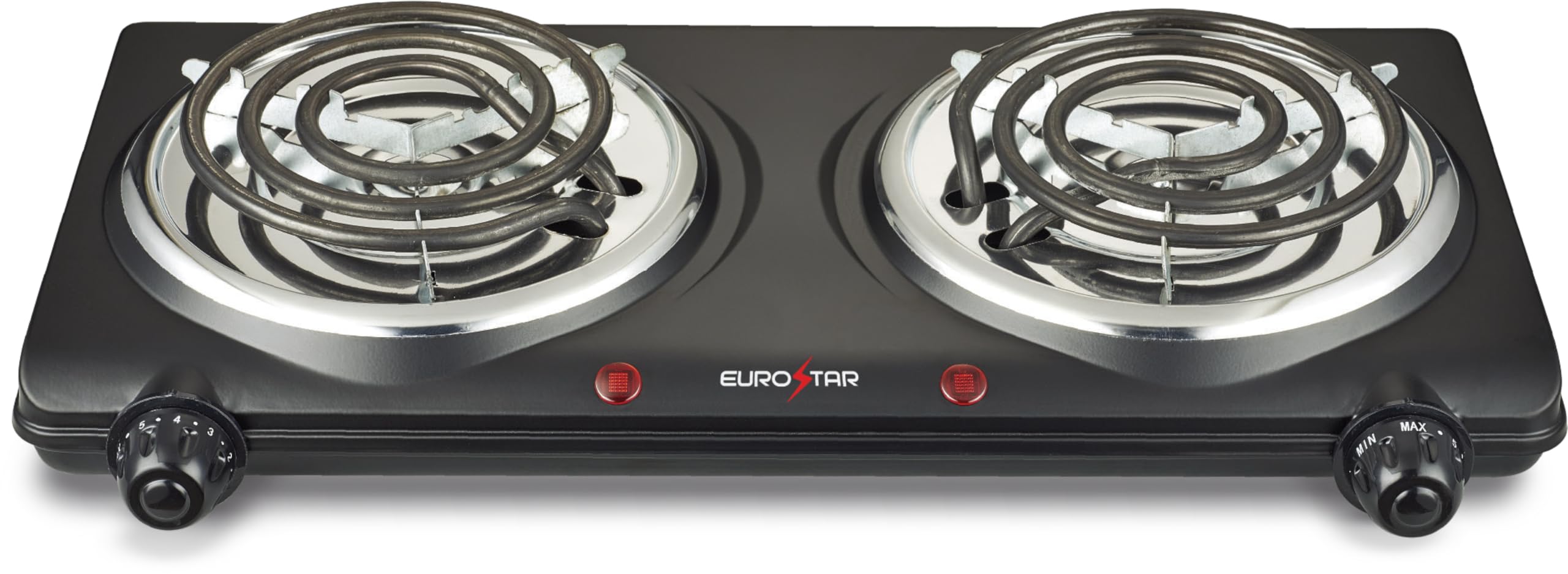 Eurostar ES202BK Double Burner Electric Stove with Spiral Heating Plates - Black Countertop Induction Cooktop for Home & Kitchen - Perfect for Dorm, RV, Camping & Small Space Cooking