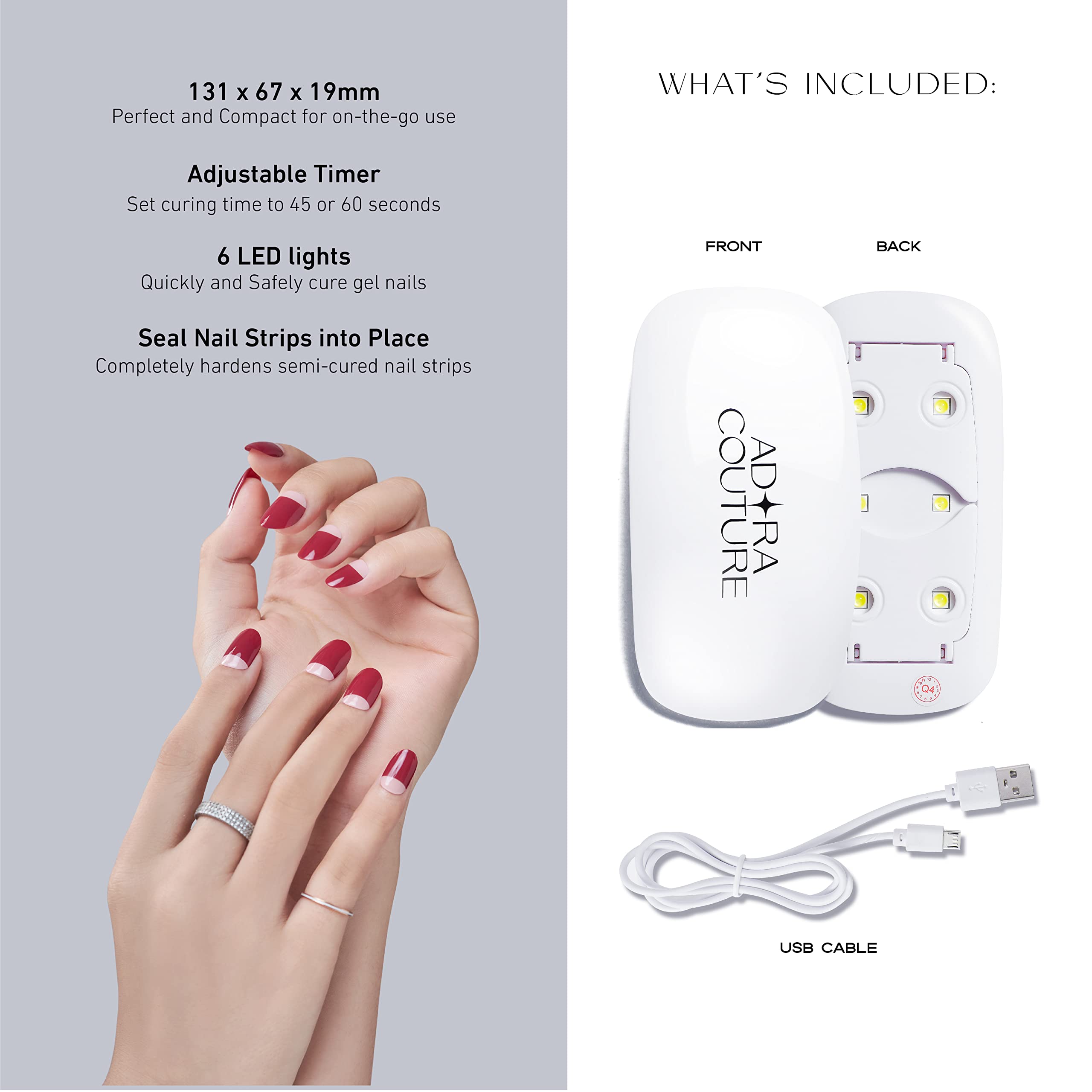 Adora Couture 6W UV LED Nail Lamp - Portable Gel Nail Dryer for Gel Polish, Nail Art, Stickers & Strips - 45s/60s Timer - Perfect for Home Manicures & Salon Use