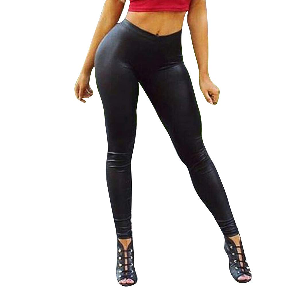 WUAI Women's Stretchy Faux Leather Leggings - High Waist Slim Fit Pencil Pants & Black Tights for Workout, Yoga, and Night Out
