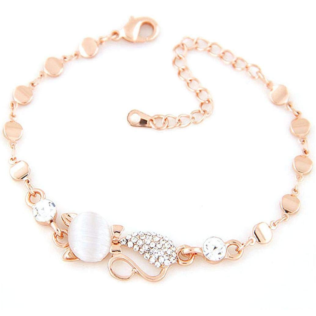 PiniceCore Rose Gold Alloy Cat Charm Bracelet for Women & Girls - Crystal Opal Rhinestone Bangle Chain - Perfect Gift for Birthday, Valentine's Day & Everyday Wear
