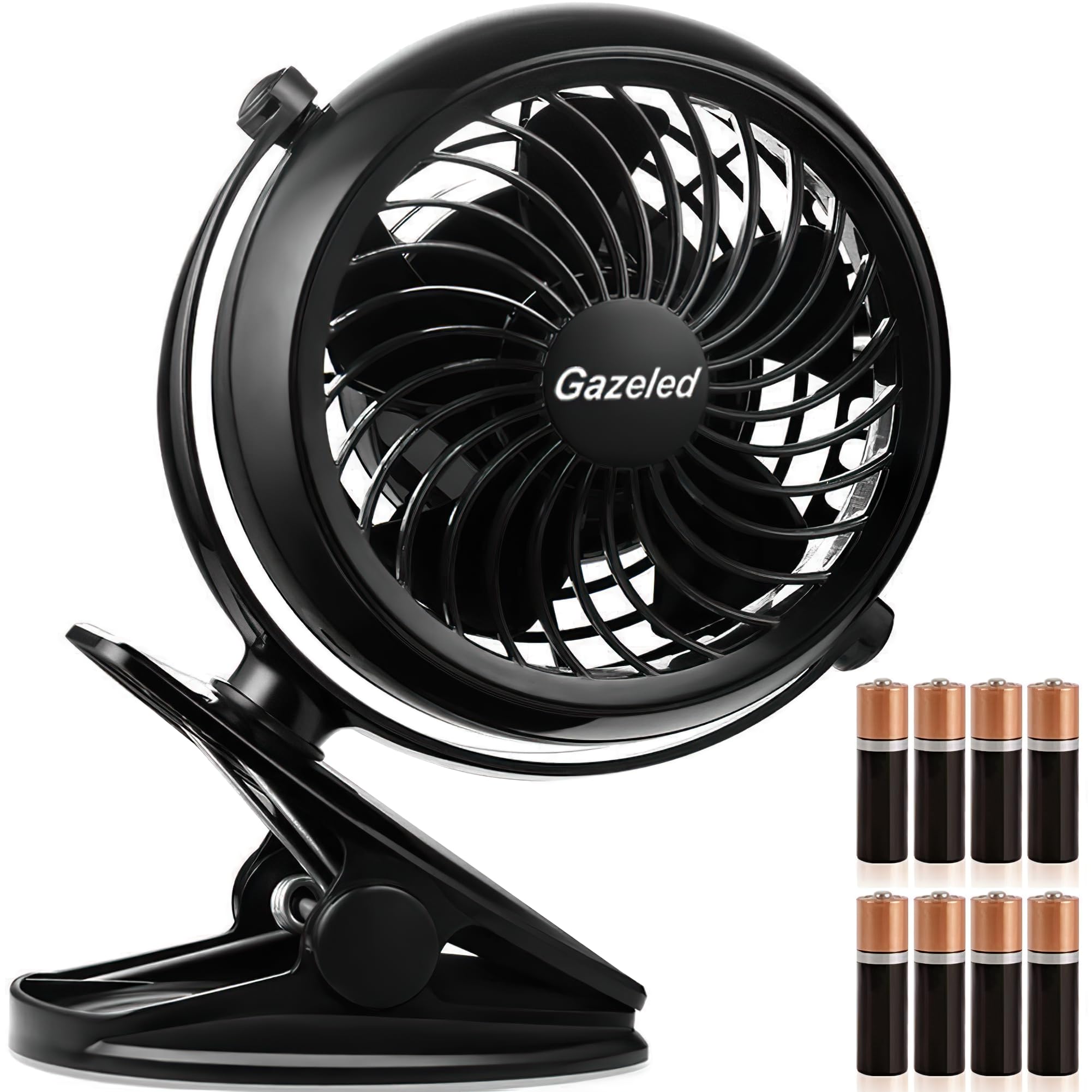 Gazeled 5-Inch Battery Operated Clip Fan - Portable Cordless Stroller Fan with 8 Free AA Batteries - Quiet Mini Personal Fan for Camping, Bed, Car, Office & Outdoor Activities