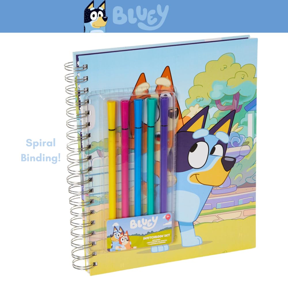 Bluey Sketchbook for Kids with Washable Markers - 86 Blank Pages Spiral Bound Drawing Notebook | Creative Art Supplies for Children | Perfect for School, Travel & Birthday Gifts