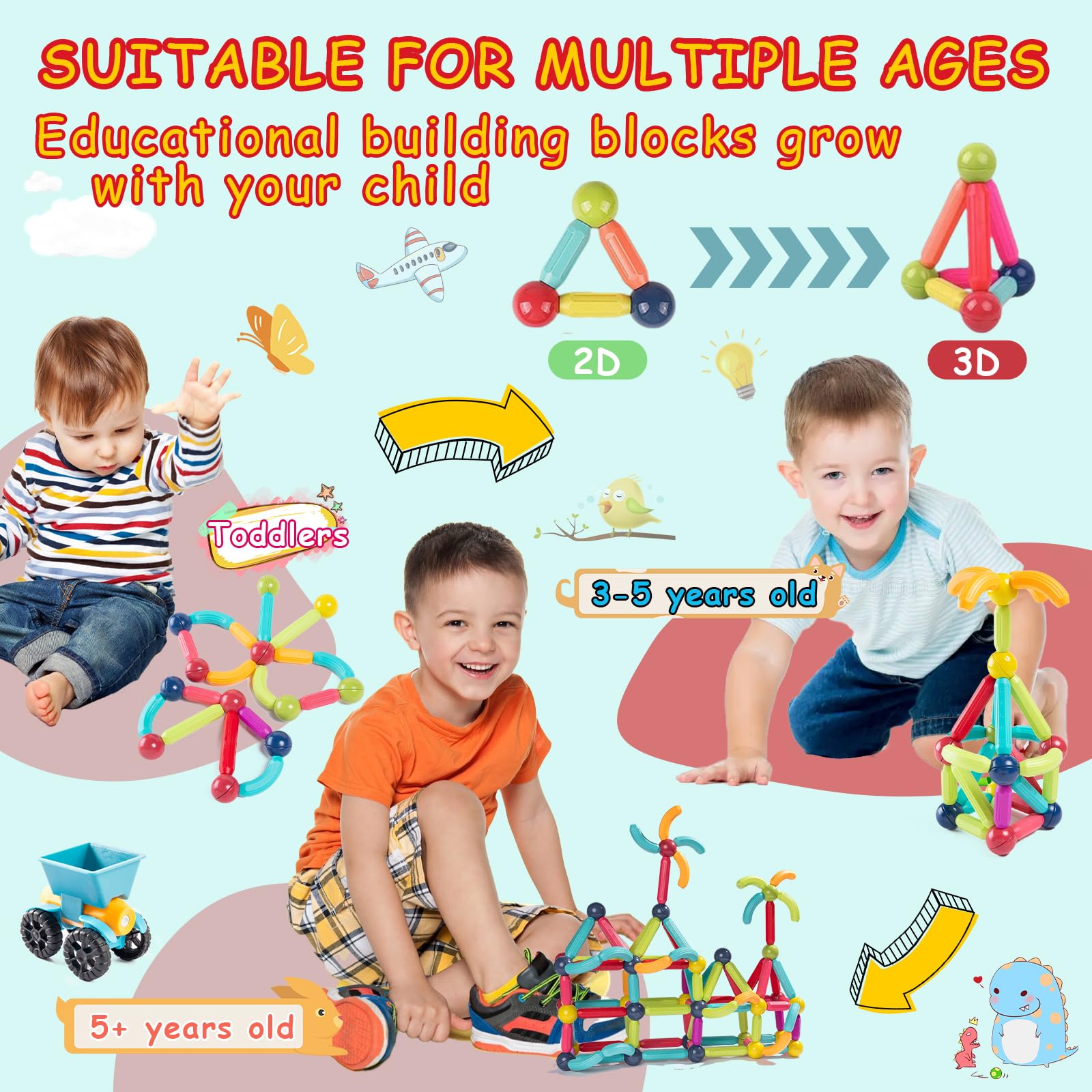 64Pcs Magnetic Building Blocks STEM Educational Toys for Kids Ages 3-8 - Montessori Sensory Learning Toys with 2 Cars for Toddlers Boys & Girls | Perfect for Preschool Classroom, Birthday Gifts & Creative Playtime