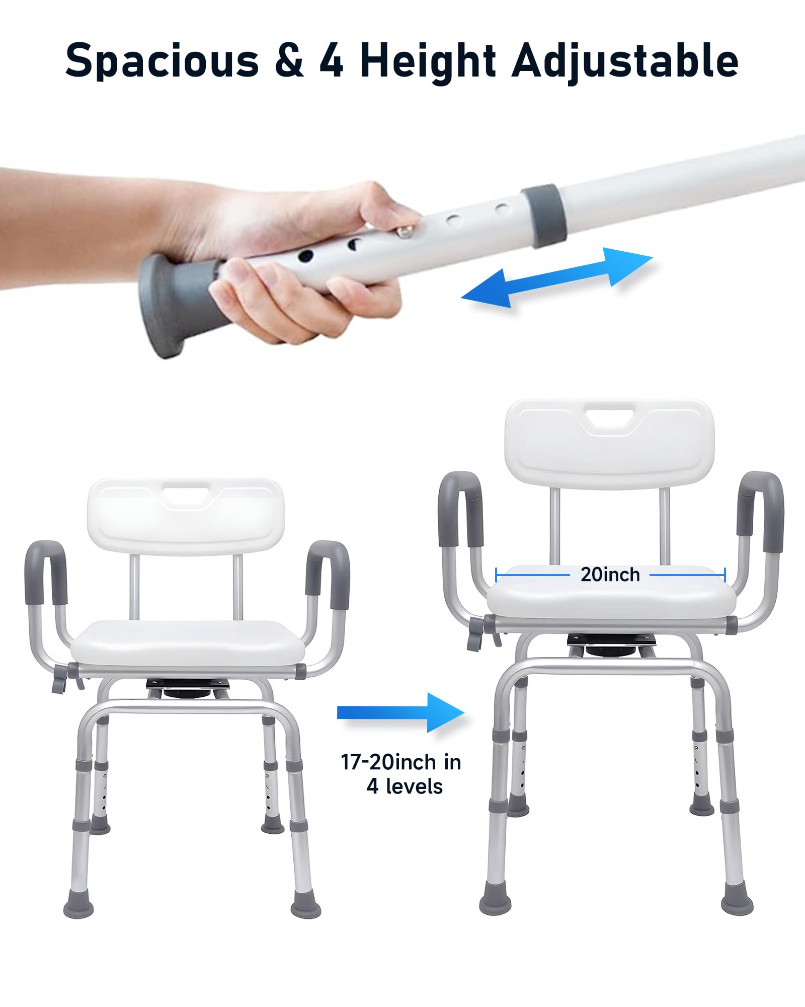 **Swivel Shower Chair with Arms & Back – Adjustable Height Bath Seat for Seniors & Disabled – Heavy Duty 450LB Capacity – Non-Slip Shower Stool for Elderly & Adults – Ideal for Bathroom Safety & Mobility Assistance**    *(Use Cases: Perfect for elderly care, post-surgery recovery, disability support, and safe bathing at home.)*