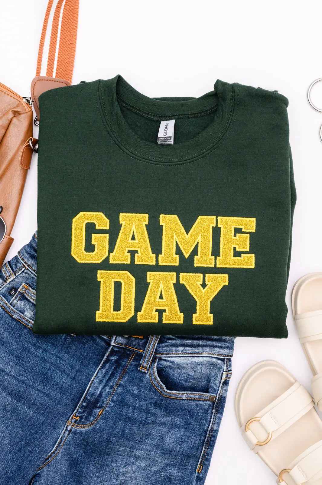 PREORDER: Embroidered Glitter Game Day Sweatshirt - Forest Green & Golden Yellow - Perfect for Football Tailgates, College Parties & Sports Fan Apparel