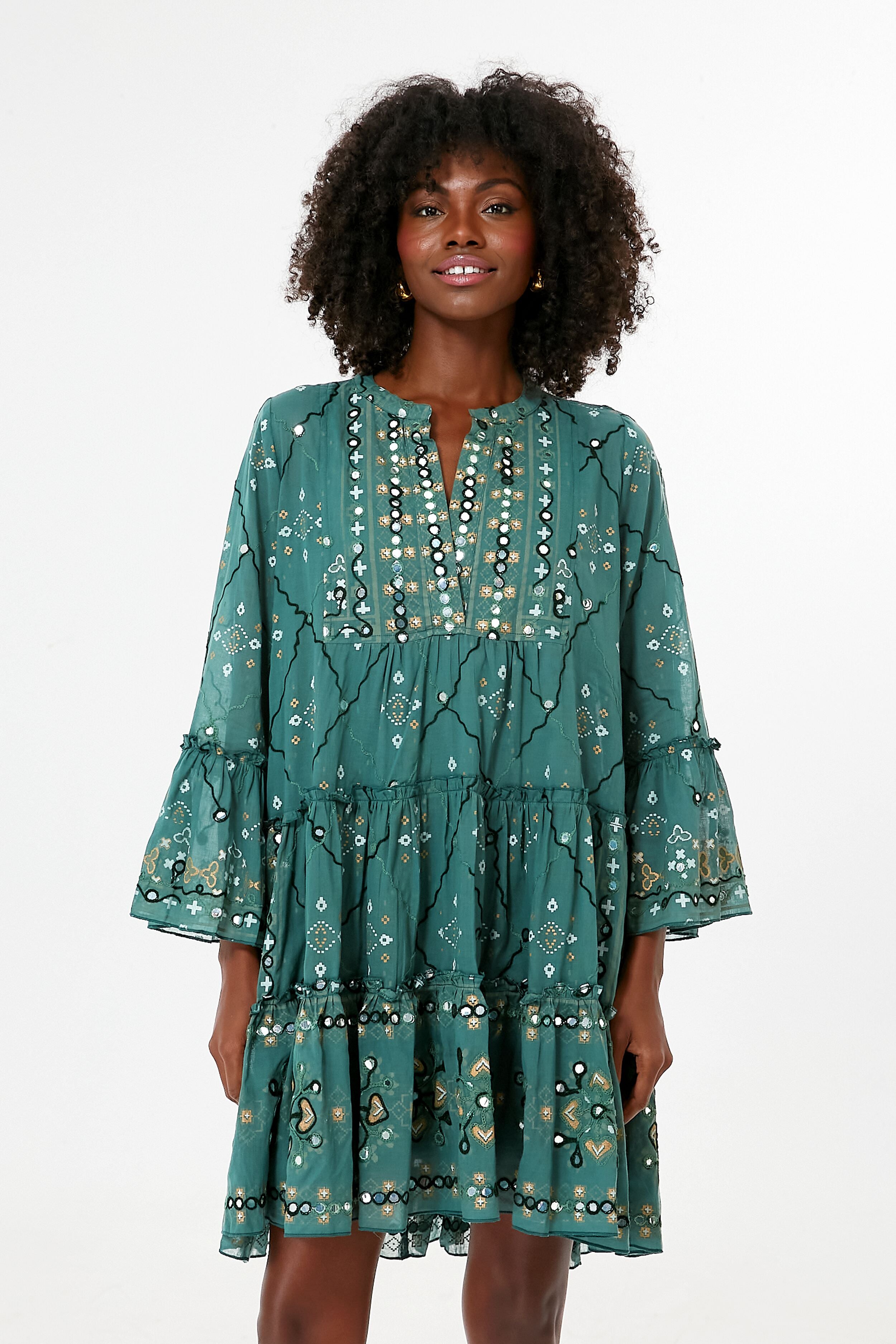 Elegant Green Mosaic Print Flared Sleeve Dress for Women | Vintage Inspired Party & Cocktail Dress | Perfect for Weddings, Date Nights and Special Occasions