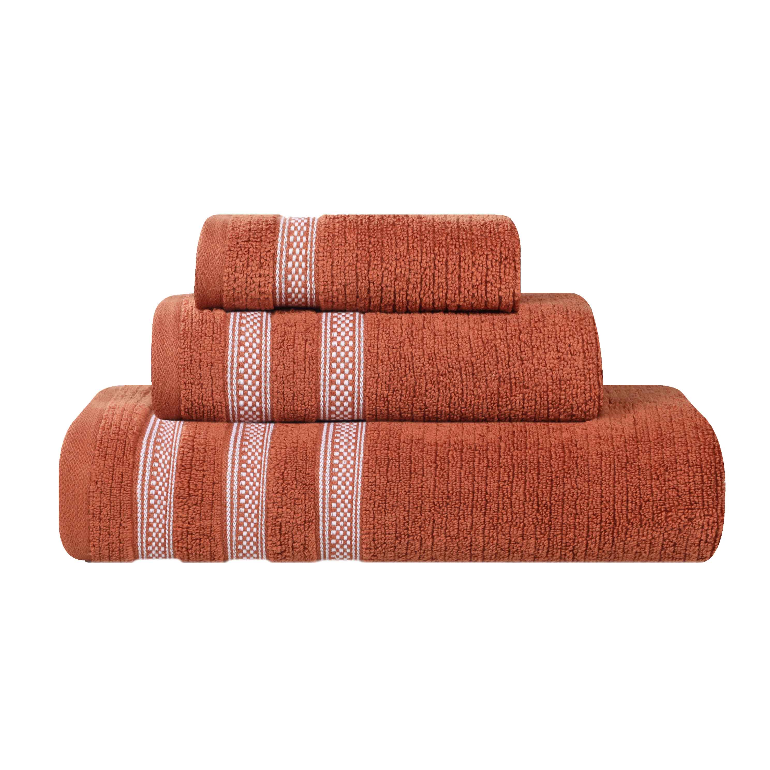 Premium Zero Twist Cotton Ribbed Geometric Border Plush 3-Piece Bath Towel Set - Ultra Soft & Absorbent for Spa, Bathroom & Luxury Home Use