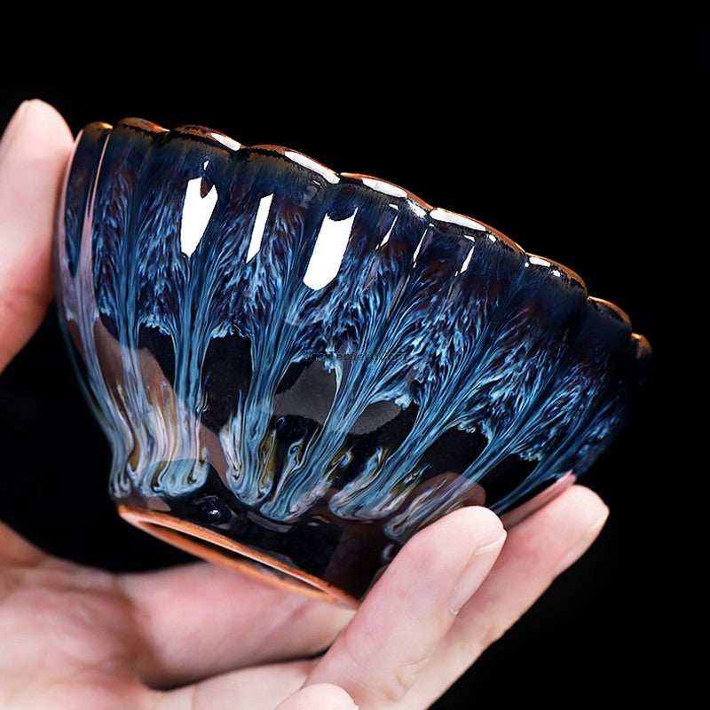 Handmade Jianzhan Blue Glaze Gongfu Tea Cup - Authentic Japanese Style Ceramic Teacup with Sterling Silver Rim - Perfect for Matcha, Green Tea, and Tea Ceremonies