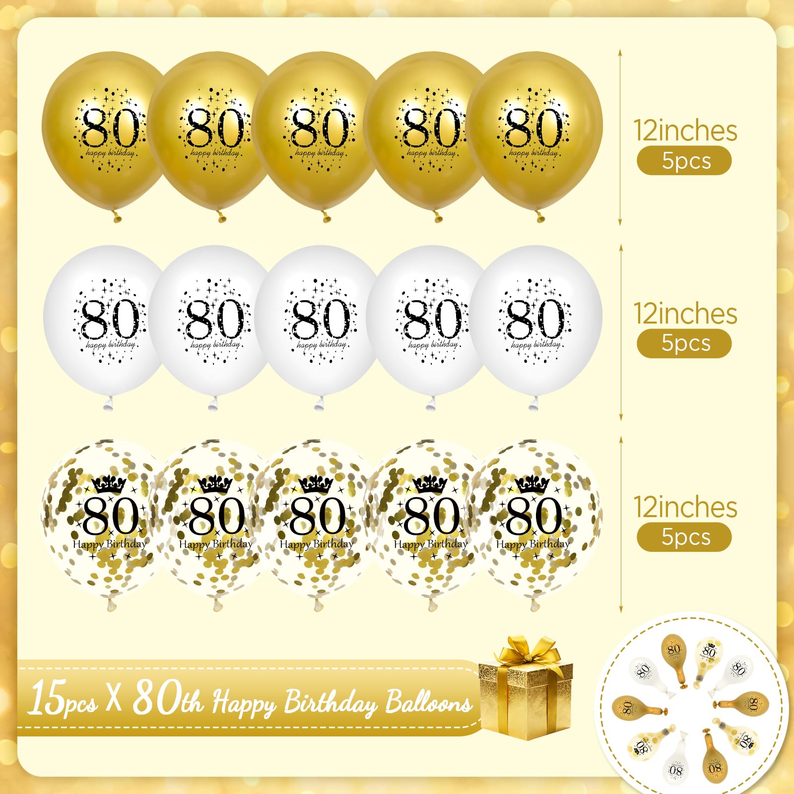15Pcs White Gold Happy 80th Birthday Balloons - 12 Inch Latex Confetti Balloons for Men & Women - 80th Anniversary Party Decorations - Perfect for Milestone Birthday Celebrations, Retirement Parties & Golden Anniversary Decor