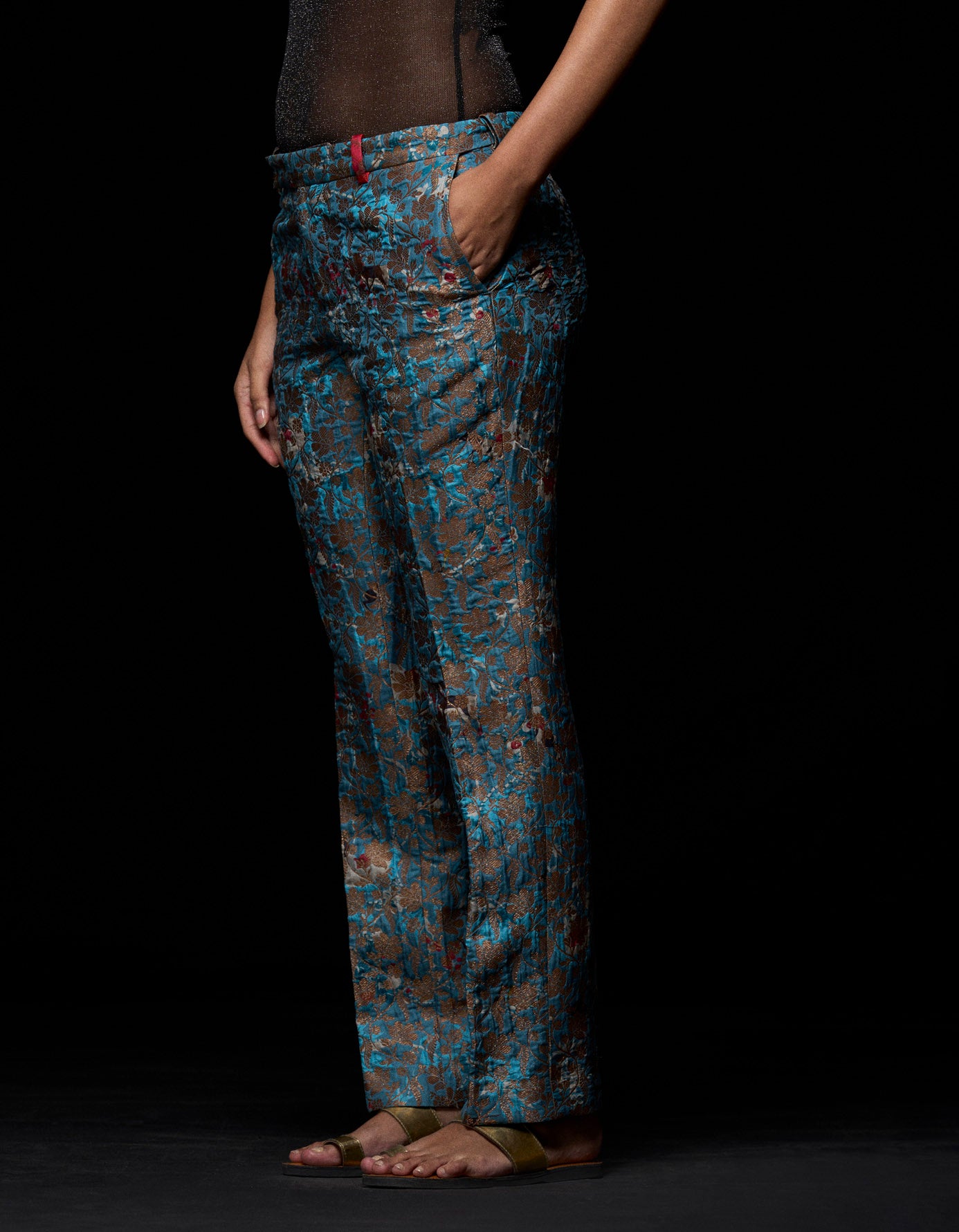 Boot Cut Silk Brocade Trousers in Blue - Elegant Women's Dress Pants for Office Wear & Special Occasions