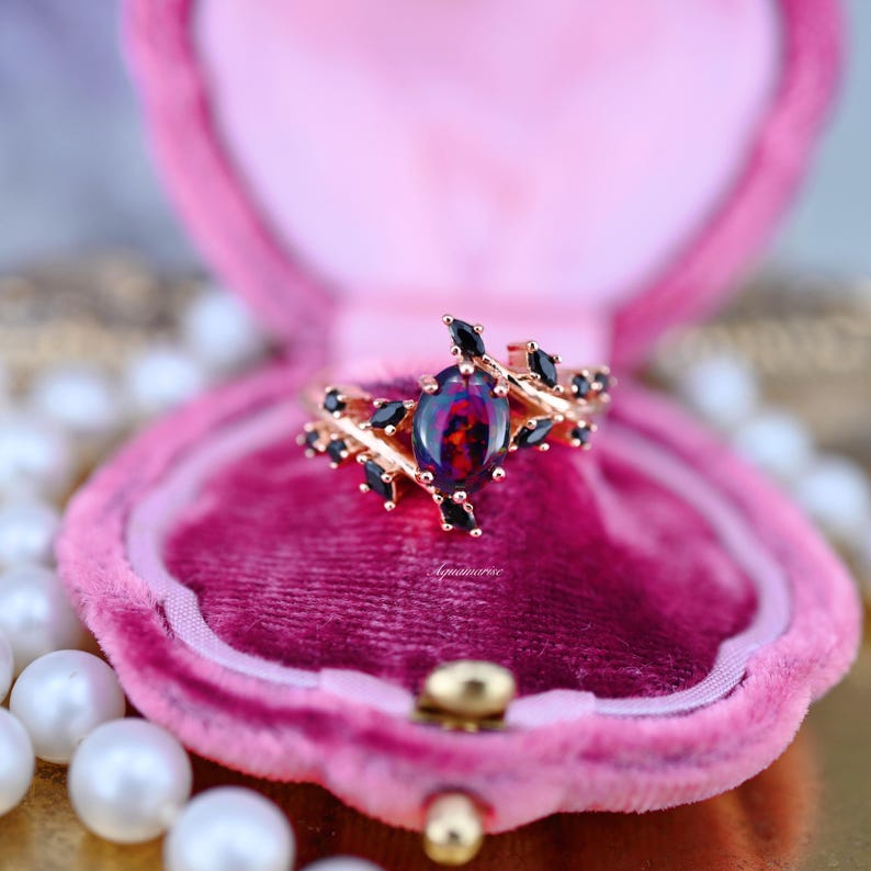 14K Rose Gold Vermeil Black Fire Opal & Onyx Leaf Ring - Elegant Nature-Inspired Jewelry for Women, Perfect for Weddings, Parties & Special Occasions