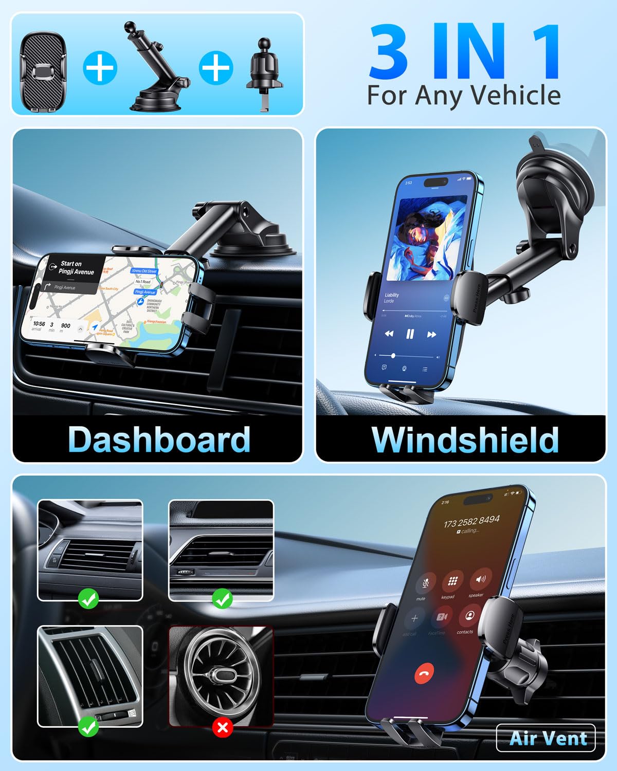 Military-Grade 360° Rotating Car Phone Holder - Universal Air Vent & Dashboard Mount for iPhone & Android Smartphones | Secure Suction Cup for Windshield & Safe Driving Accessories