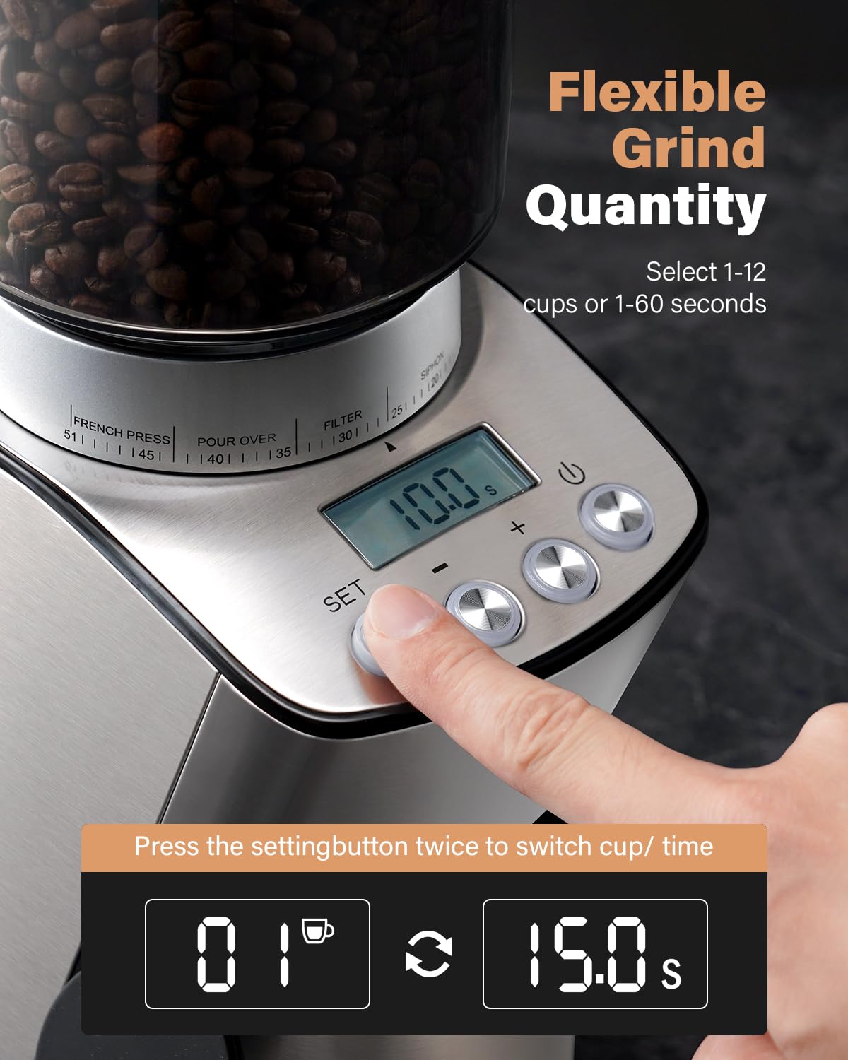 SHARDOR Electric Conical Burr Coffee Grinder - 51 Precise Settings, Adjustable Burr Mill with Stainless Steel Container & Digital Timer for Espresso, Drip Coffee & French Press - Perfect for Home Baristas & Coffee Enthusiasts