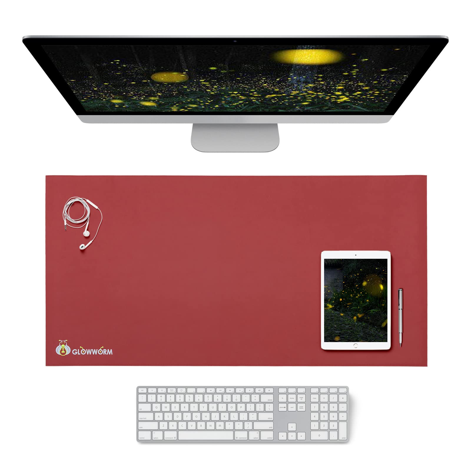 Premium Oversized Extended Desk Pad - 47x23 Inches Wine Red Waterproof PU Leather - Extra Large Mouse Pad with Non-Slip Base & Stitched Edges - Perfect for Office, Gaming & Home Workspace - Glowworm Design
