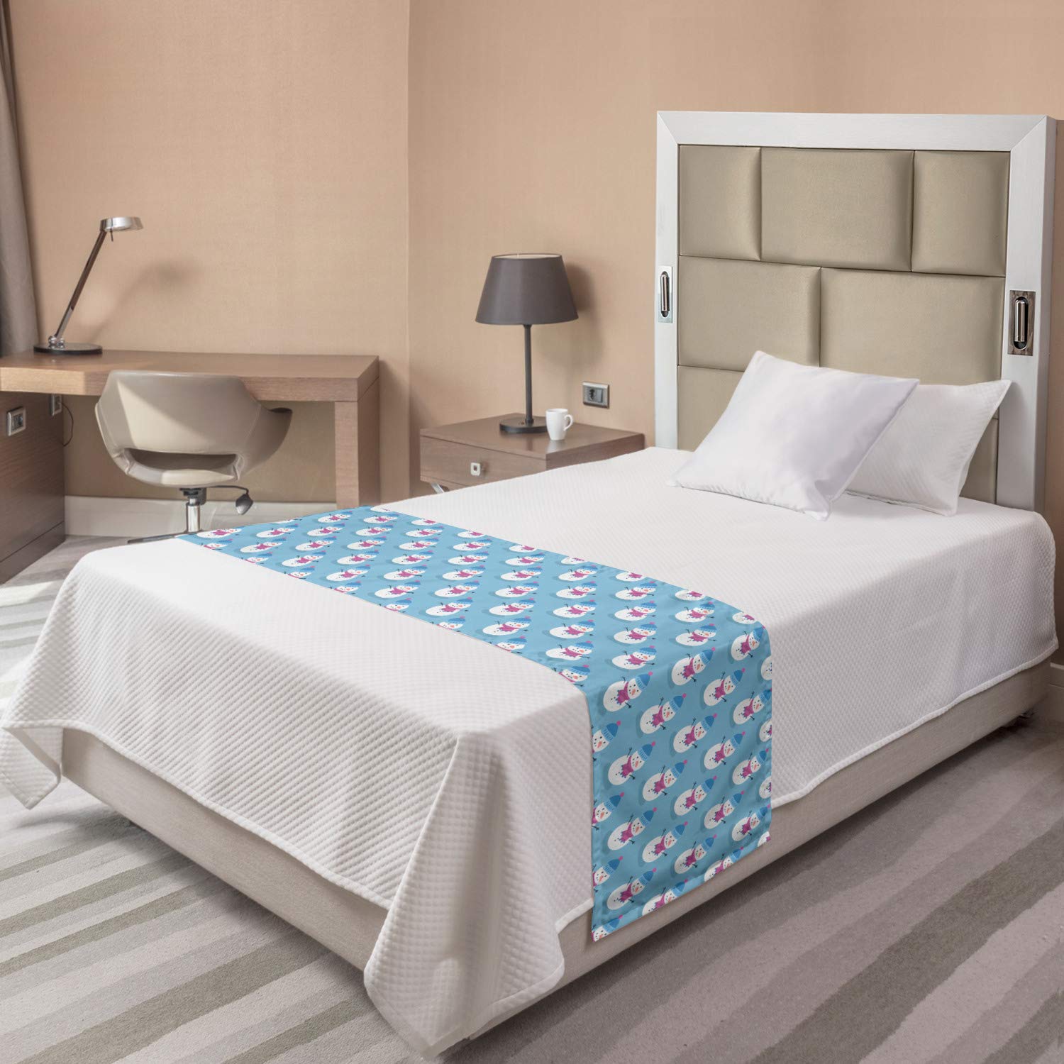 Ambesonne Winter Bed Runner - Christmas Snowman with Scarf & Hat Holiday Design | Decorative Bed Scarf for Twin Beds in Magenta & Blue | Perfect for Hotels, Homes & Guest Rooms During Winter Season
