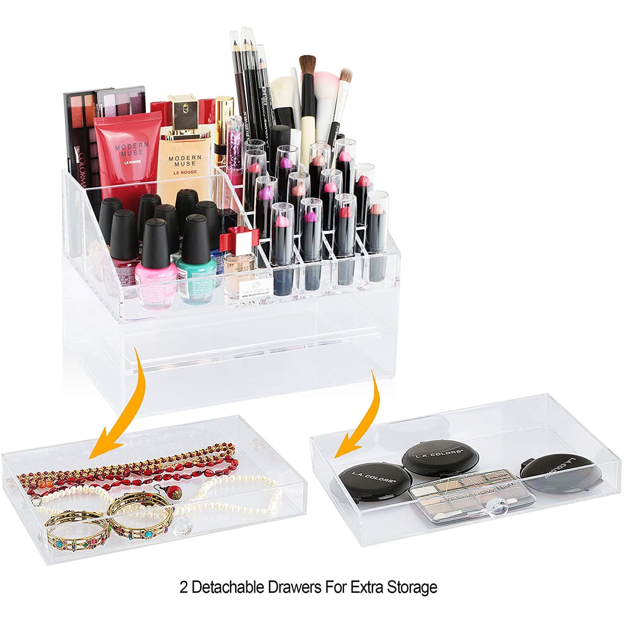Decozen Makeup Organizer with 20 Slots & 2 Drawers - Perfect Mother's Day Birthday Gift for Women, Vanity Storage for Brushes, Nail Polish, Lipstick, Perfume & Jewelry - Ideal for Bedroom Dresser, Bathroom Counter & Travel Beauty Organization
