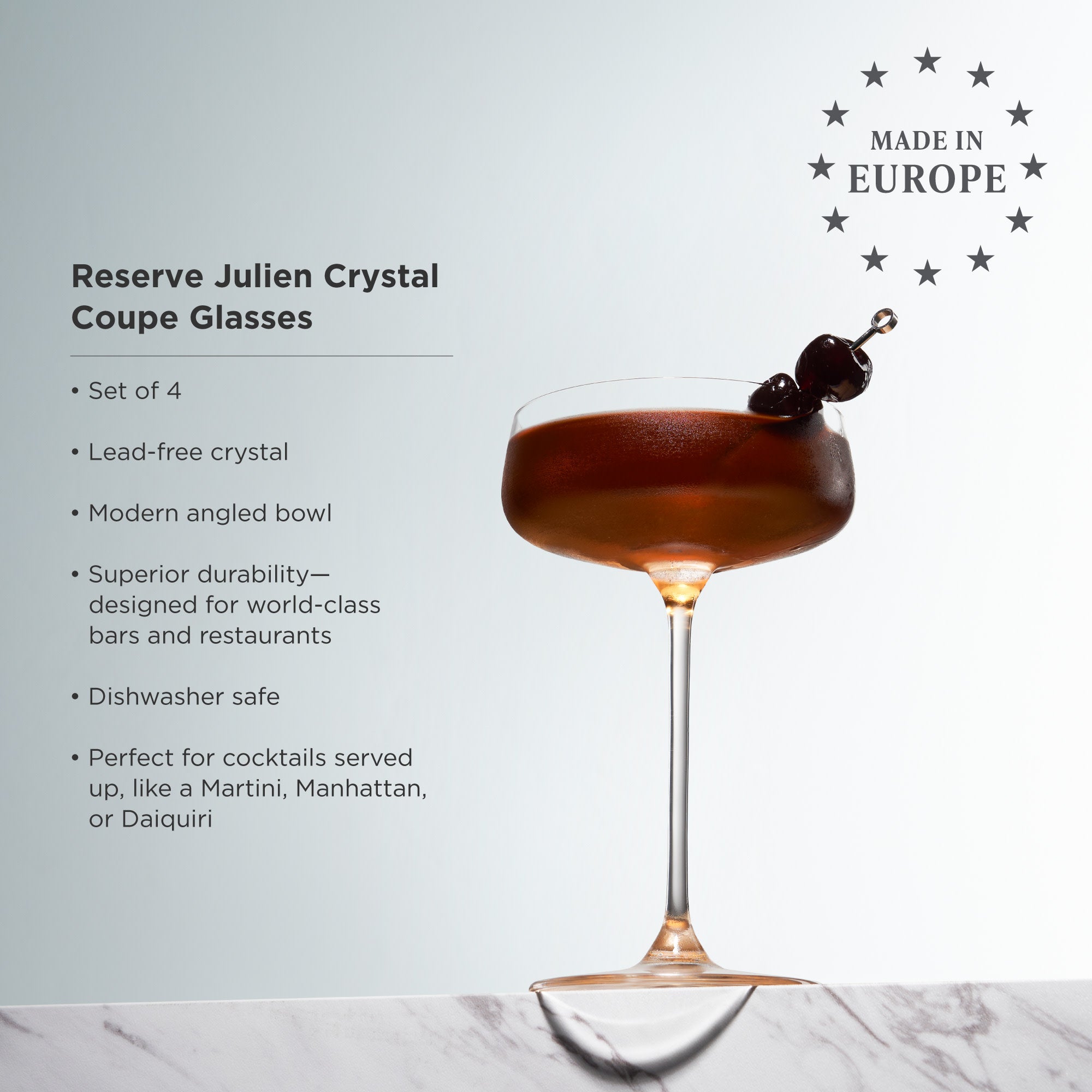 Julien Crystal Coupe Glasses Set of 4 - Elegant Champagne Flutes for Wedding Toasts, Cocktail Parties & Special Occasions