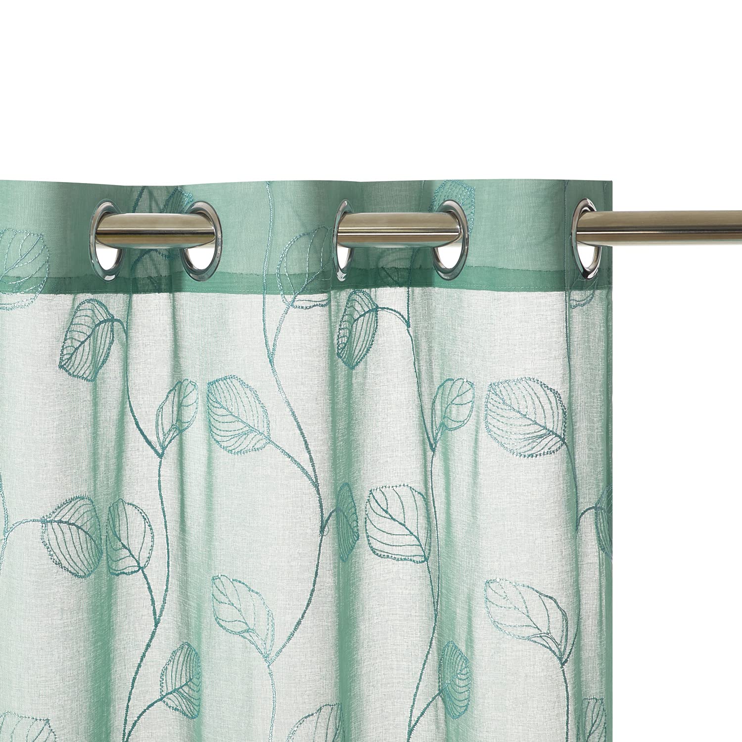 LoyoLady Teal Sheer Curtains 84 Inches Long - 2 Panels Set with Leaf Embroidery, Grommet Top Semi-Transparent Window Drapes 72
