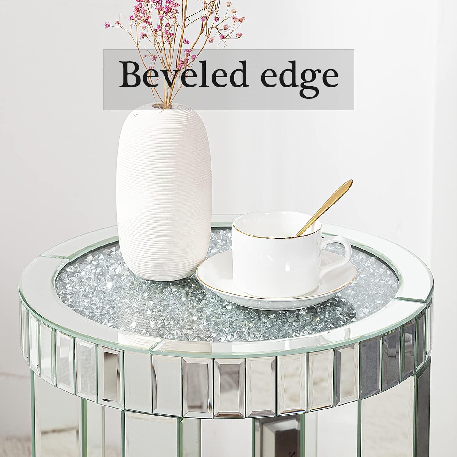 SHYFOY Round Mirrored End Table with Crystal Inlay - 2-Tier Modern Small Sofa Table with Storage, Silver Accent Table for Living Room, Bedroom & Coffee Table - Perfect for Small Spaces & Home Decor