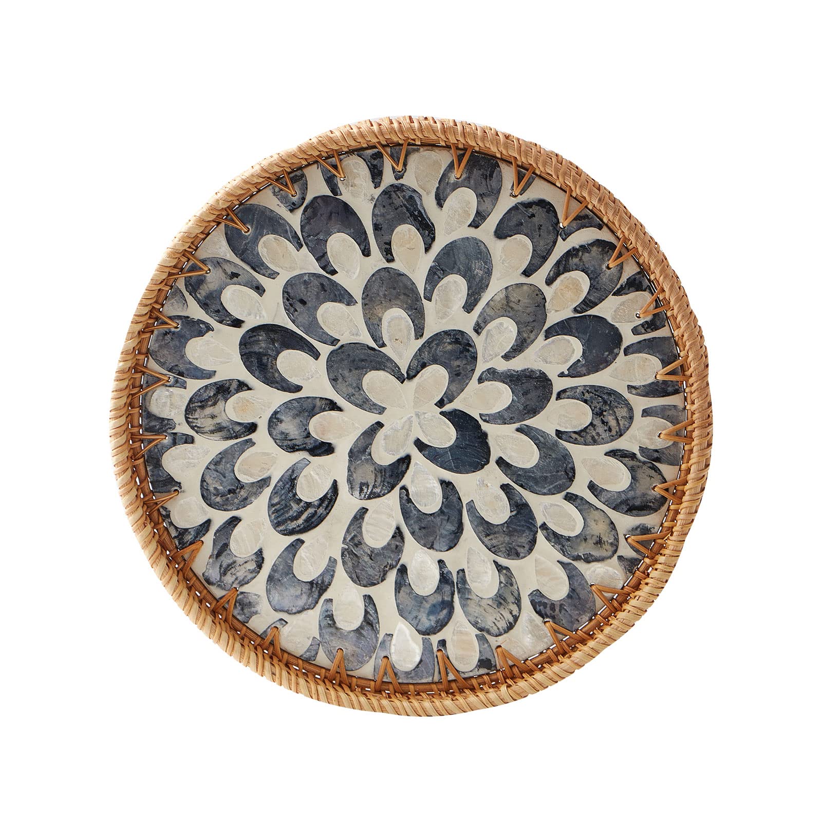 Round Rattan Tray with Mother of Pearl Inlay - Handwoven Wicker Serving Tray with Wooden Base for Coffee, Bread, Fruit Display | Elegant Home Decor for Dining Table, Kitchen Counter, and Living Room Storage