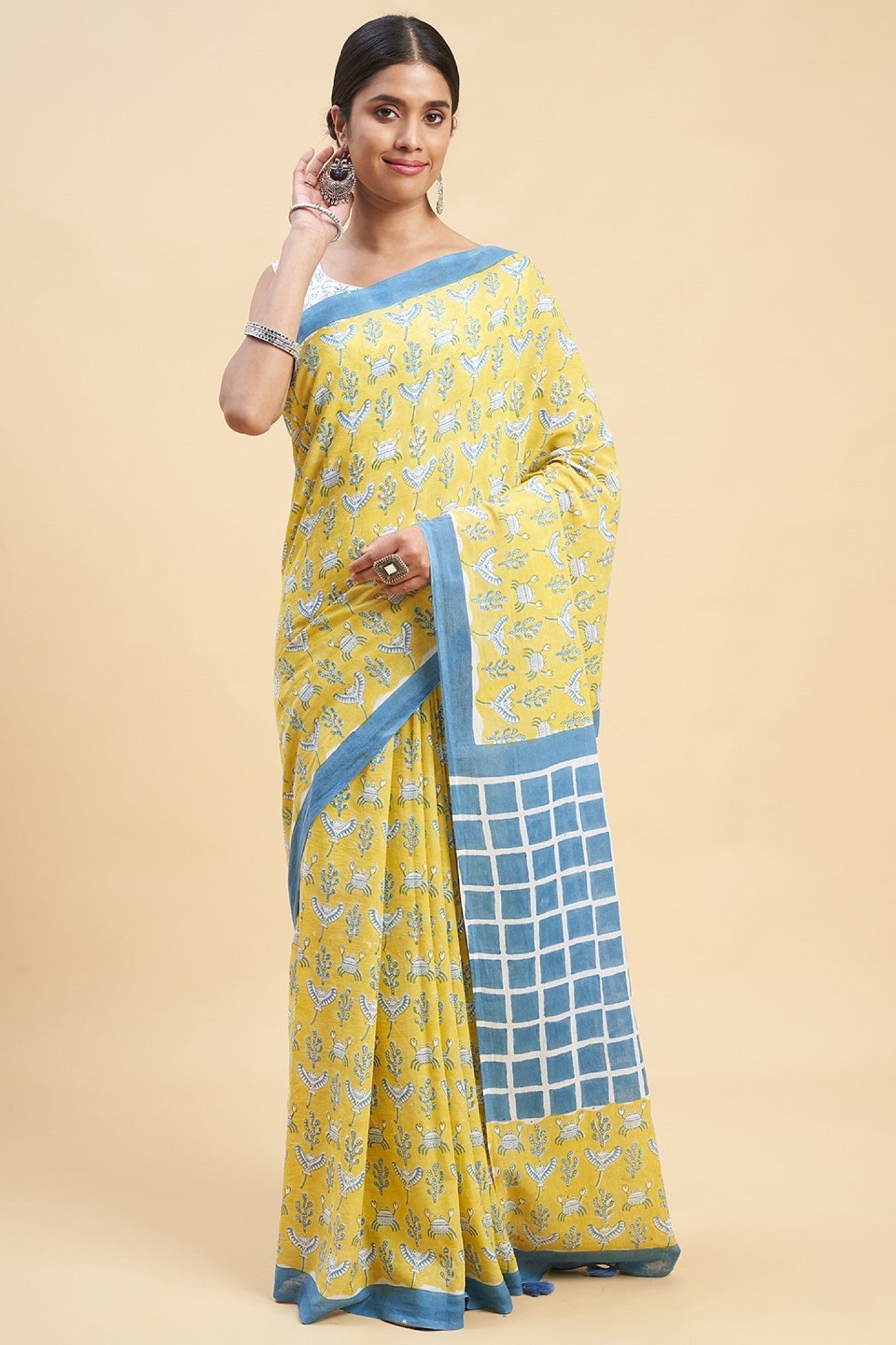 Stylish Yellow Block Printed Cotton Saree with Crab Design - Perfect for Festivals, Weddings & Cultural Events